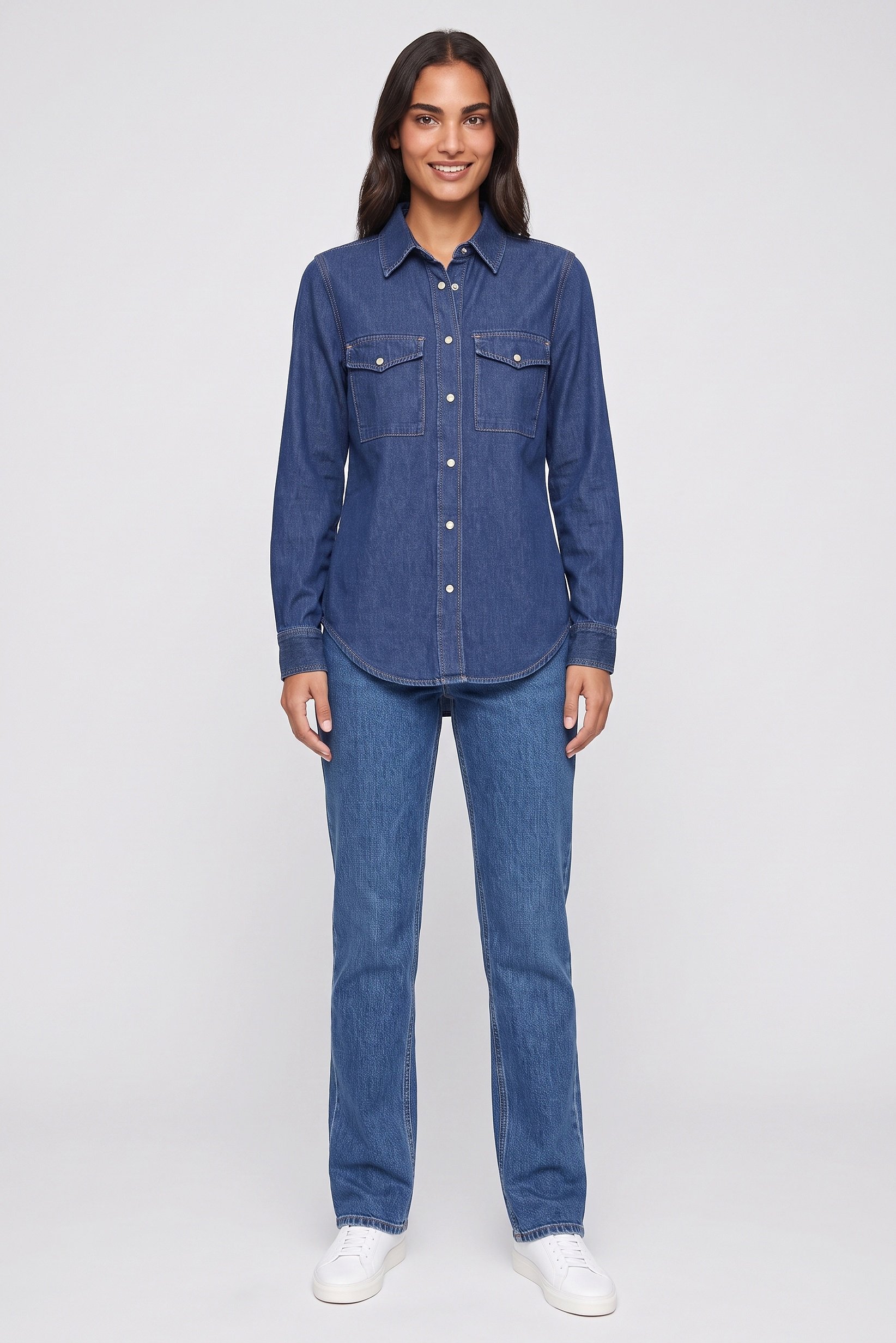 Women Pointed Collar Long Sleeve Washed Shirt, Blue