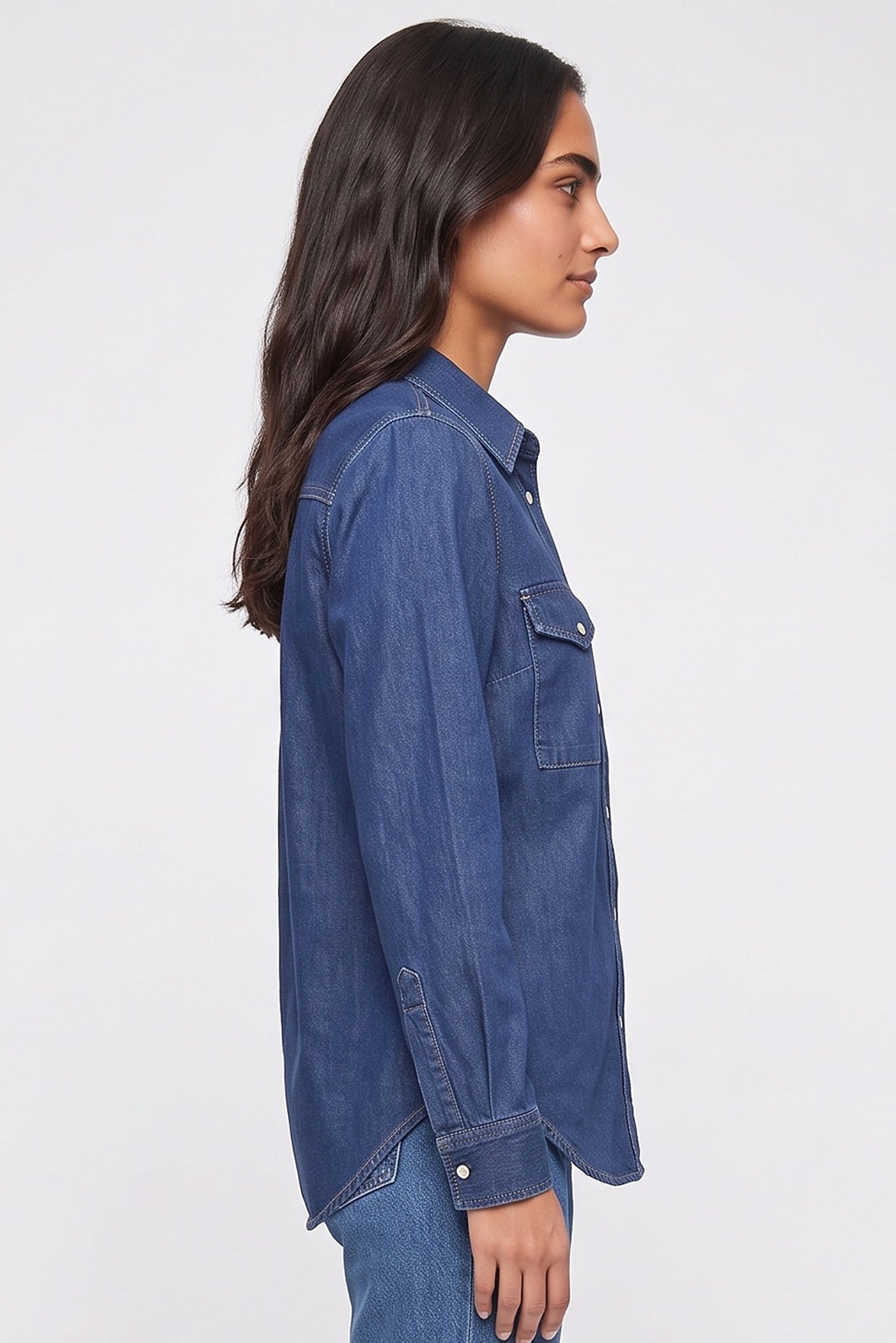 Women Pointed Collar Long Sleeve Washed Shirt, Blue