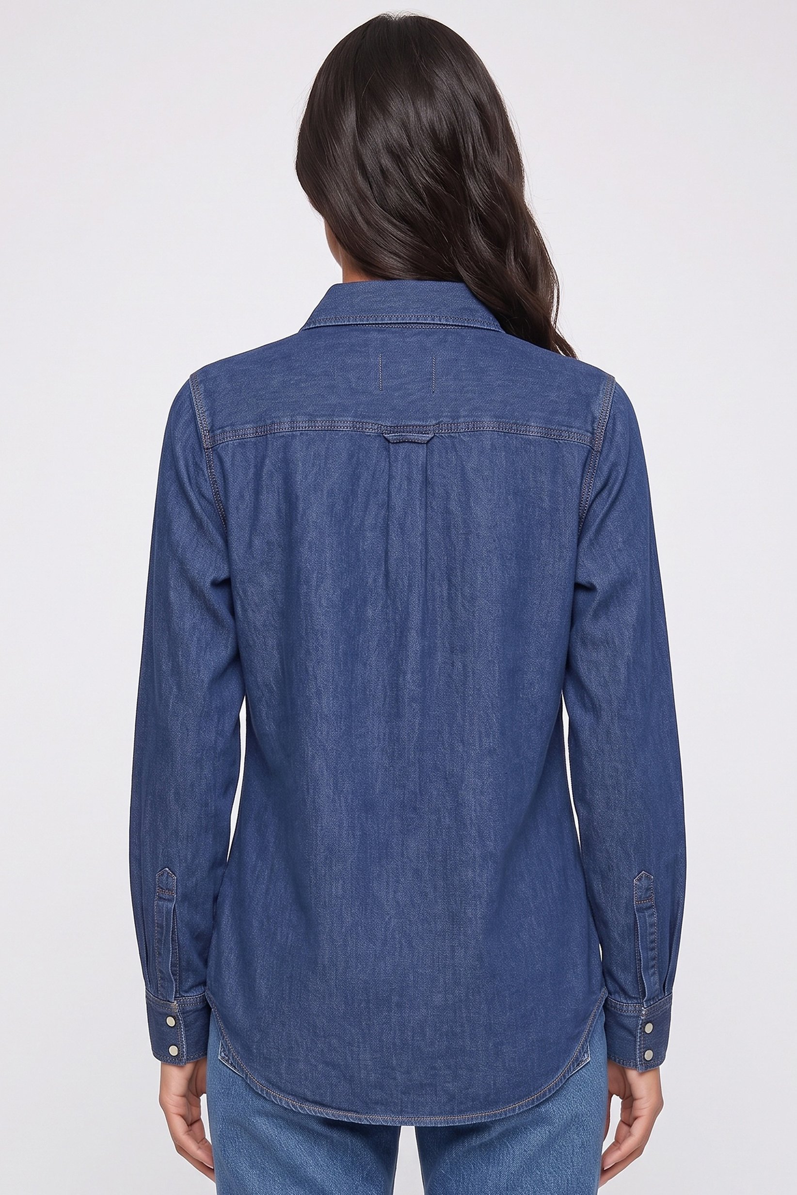 Women Pointed Collar Long Sleeve Washed Shirt, Blue