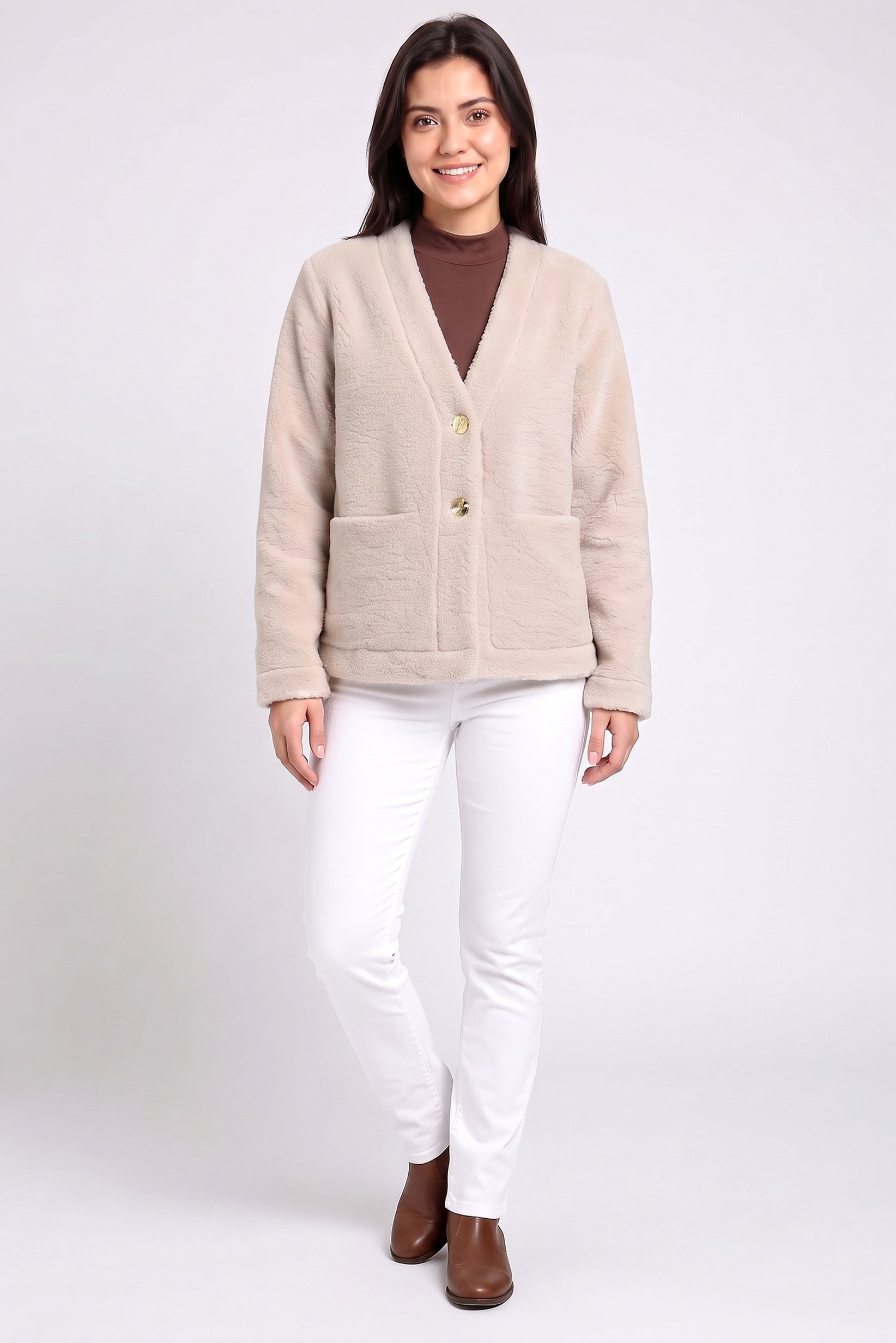 Women Textured Sherpa Jacket, Light Tan