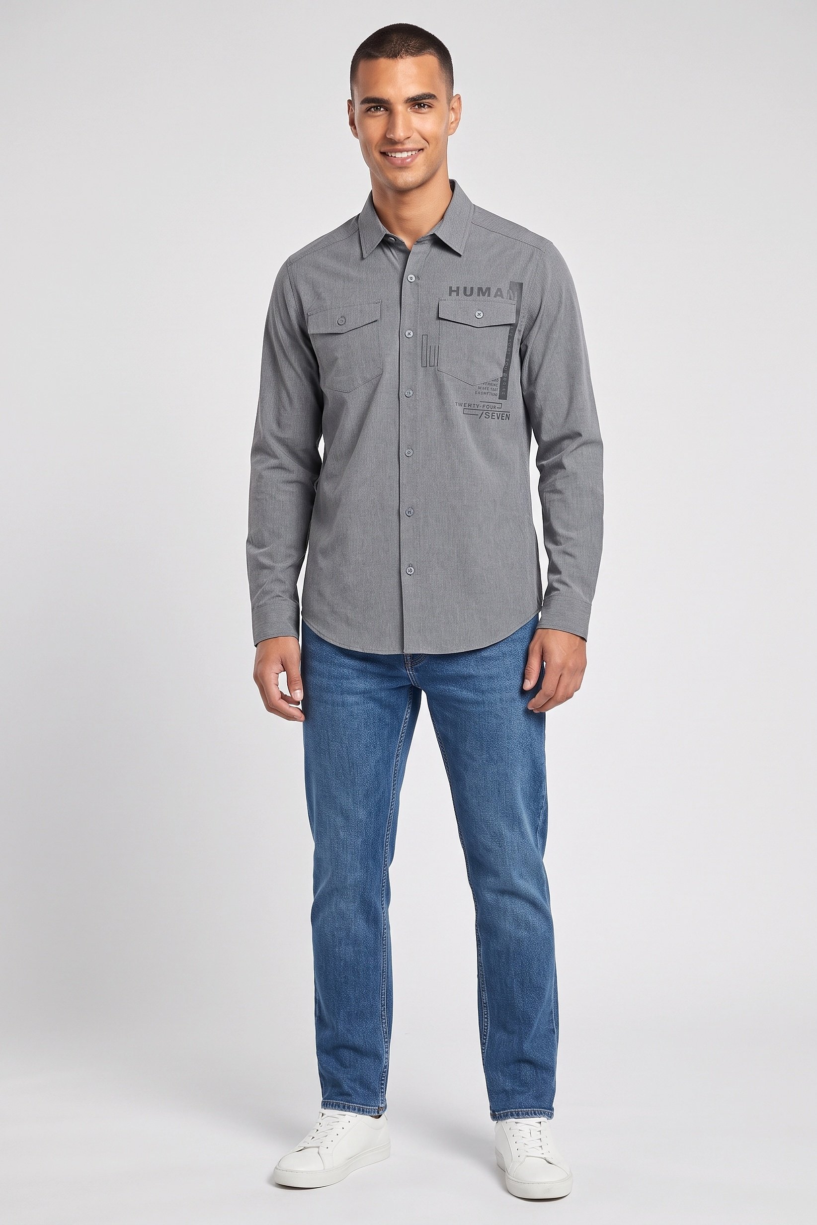 Men Regular Fit Graphic Print Long Sleeve Causal Shirt, Grey