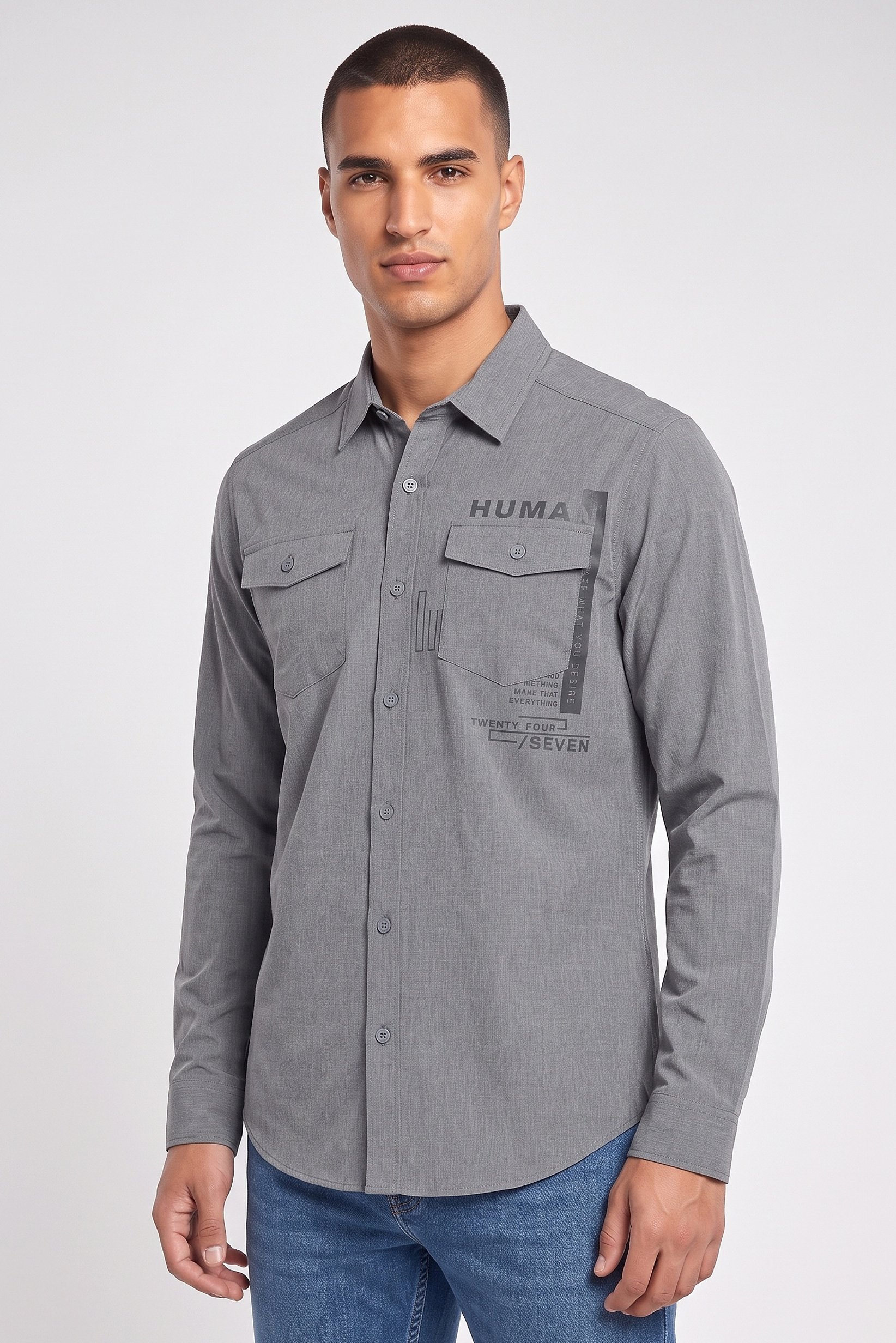 Men Regular Fit Graphic Print Long Sleeve Causal Shirt, Grey