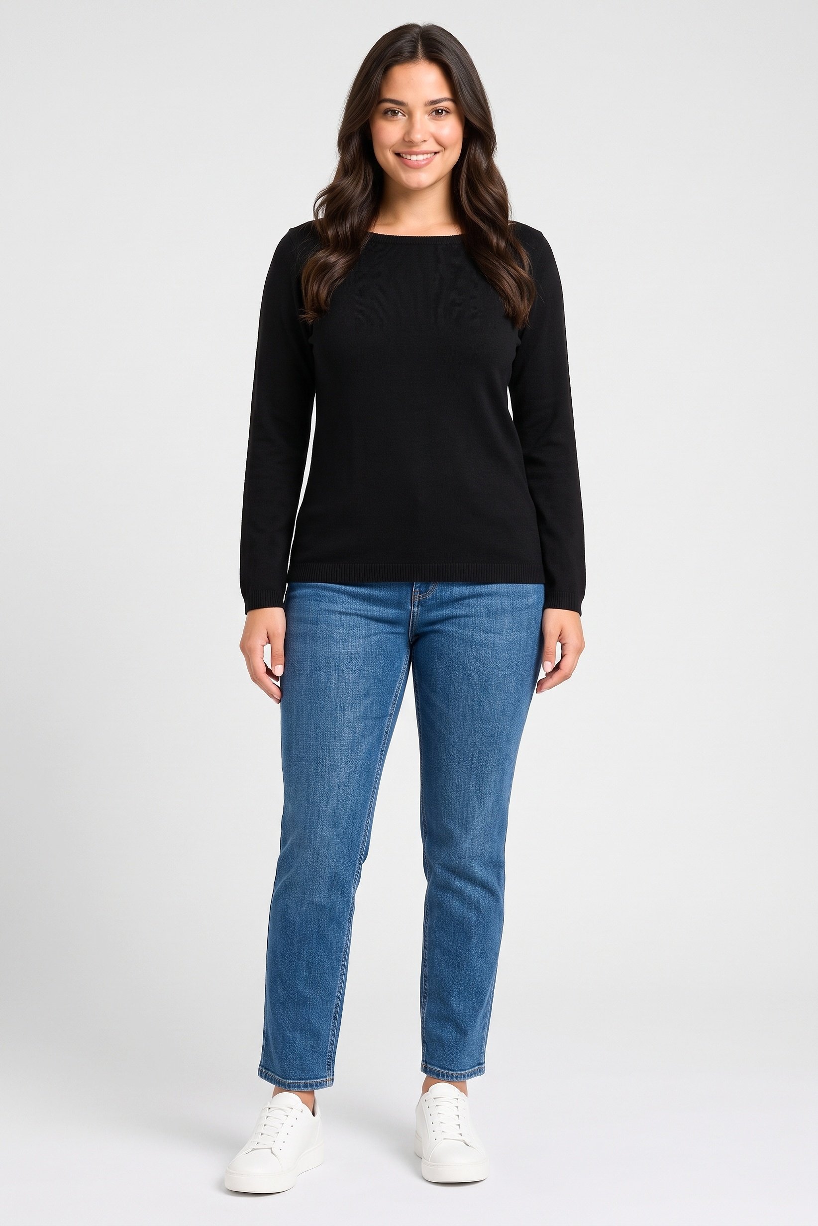 Women Boat Neck Long Sleeve Knitted Sweater, Black