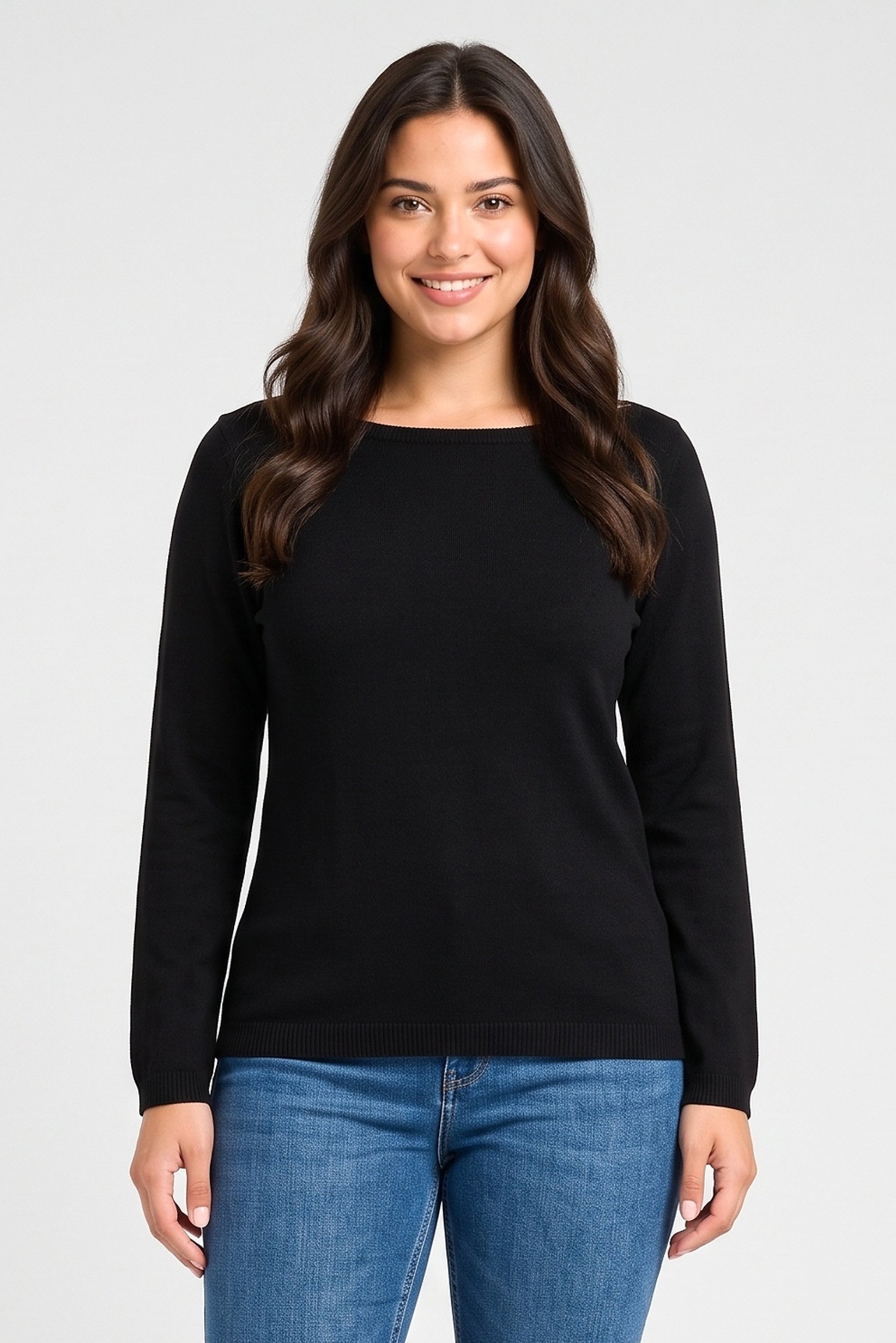 Women Boat Neck Long Sleeve Knitted Sweater, Black