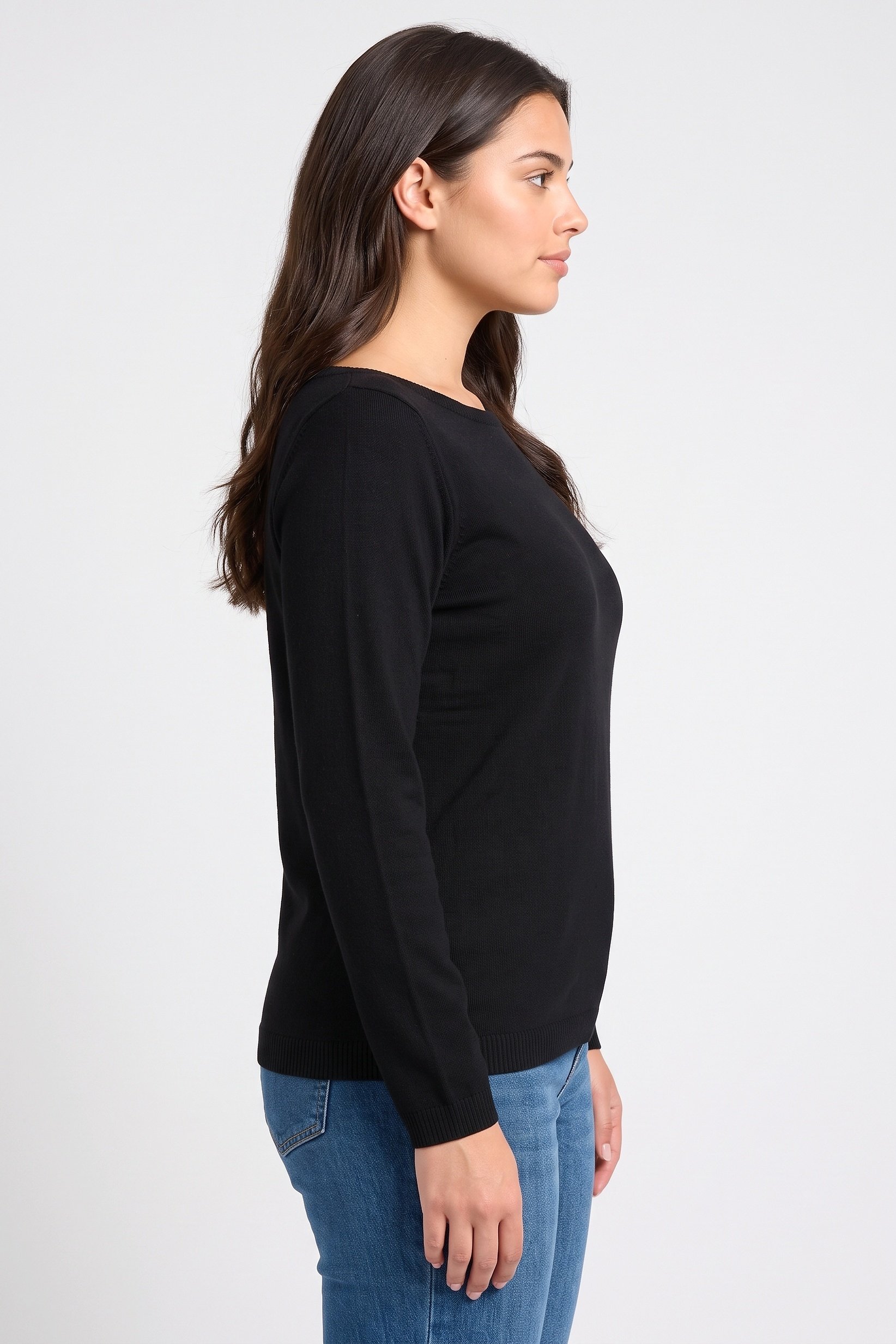 Women Boat Neck Long Sleeve Knitted Sweater, Black