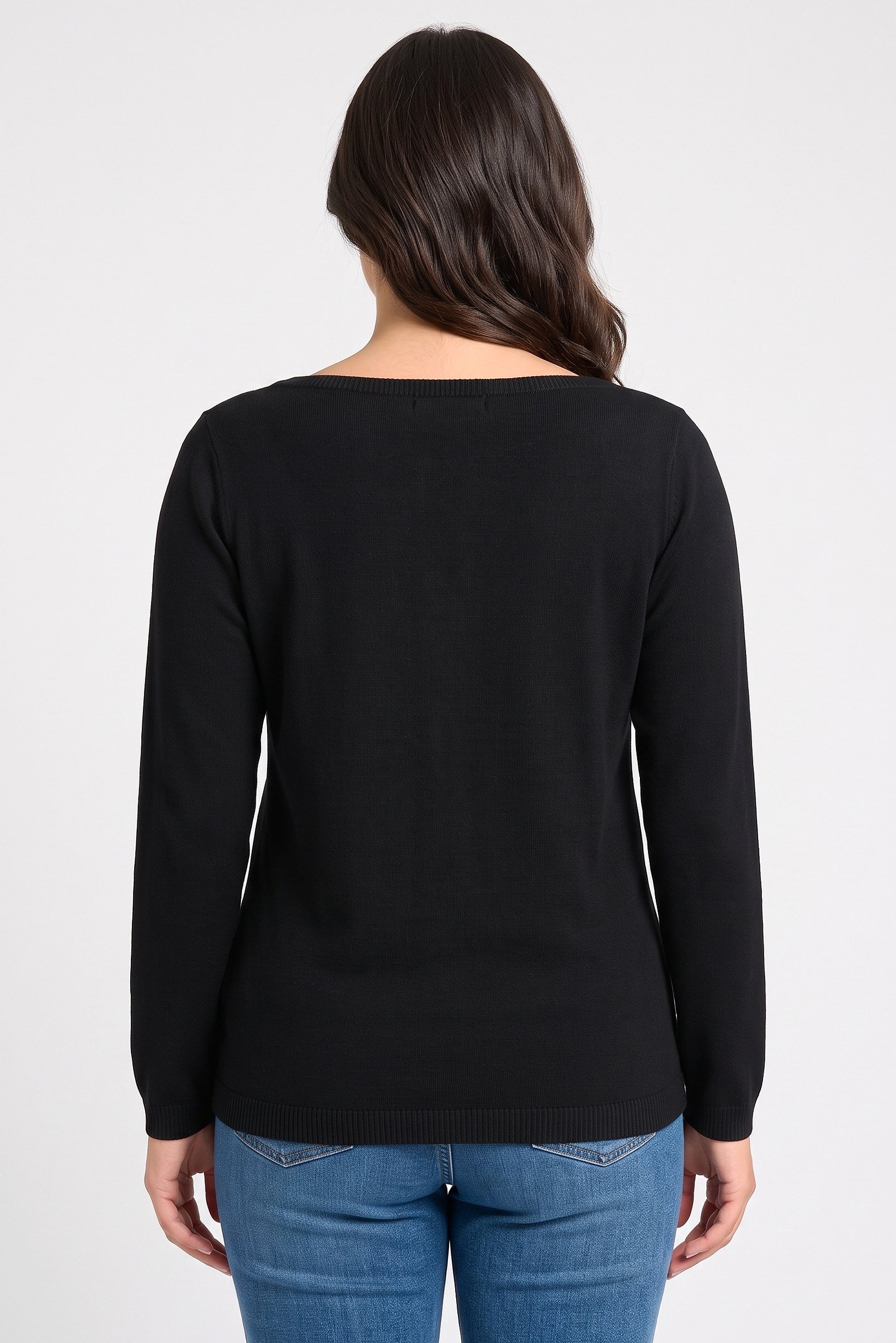 Women Boat Neck Long Sleeve Knitted Sweater, Black