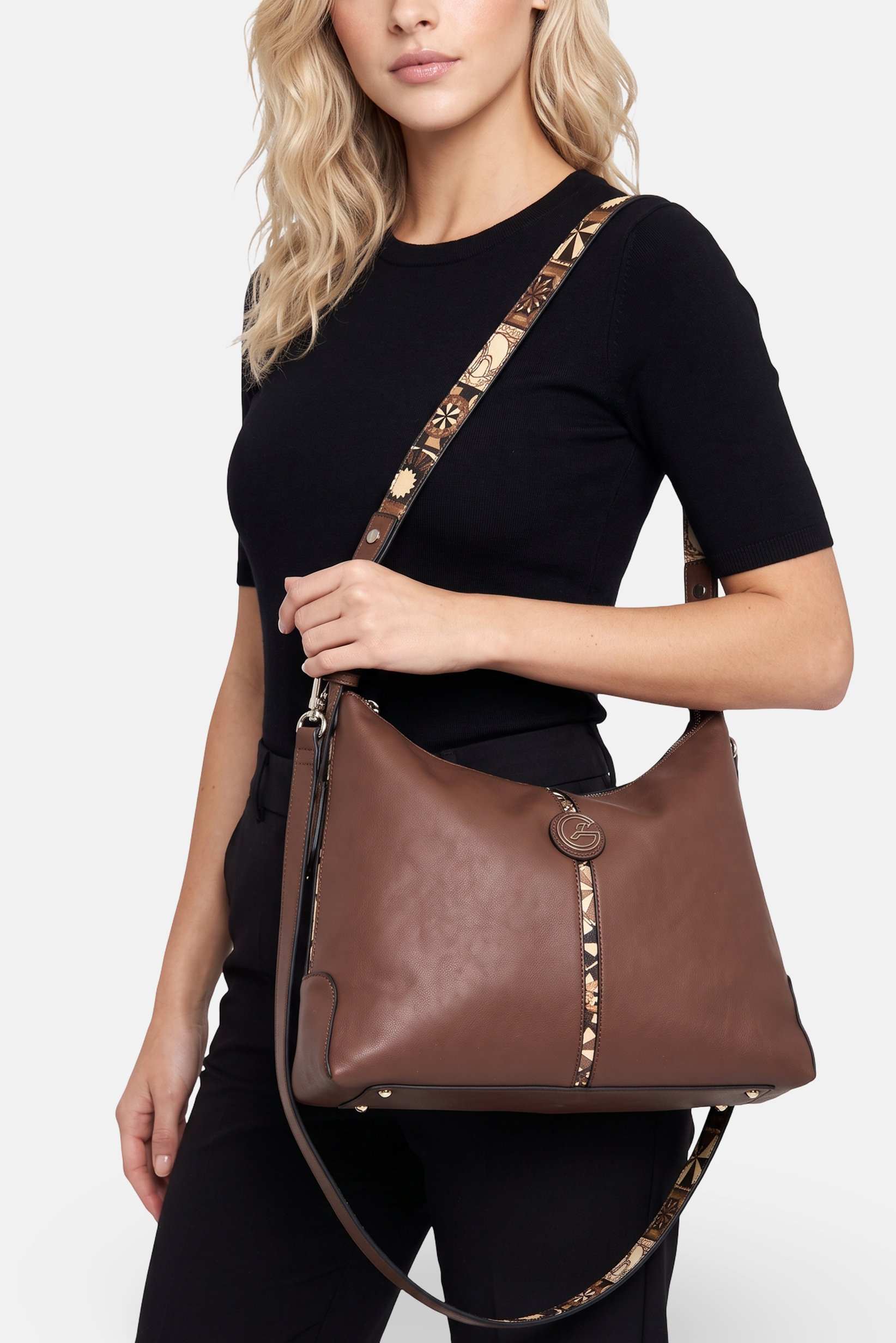 Women Brand Logo Shoulder Bag, Brown