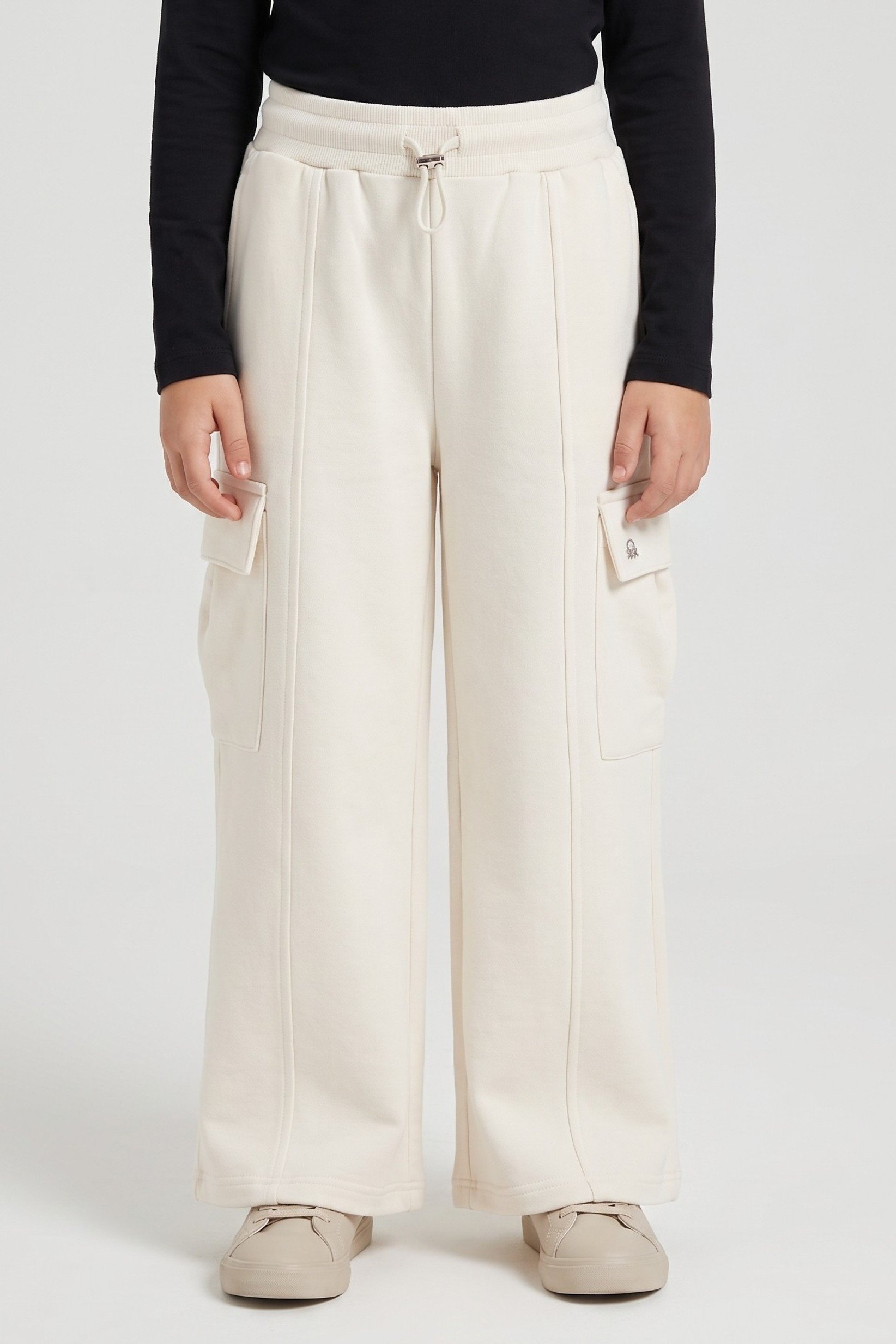 Kids Girl Regular Fit Solid Cargo Pants, Off White