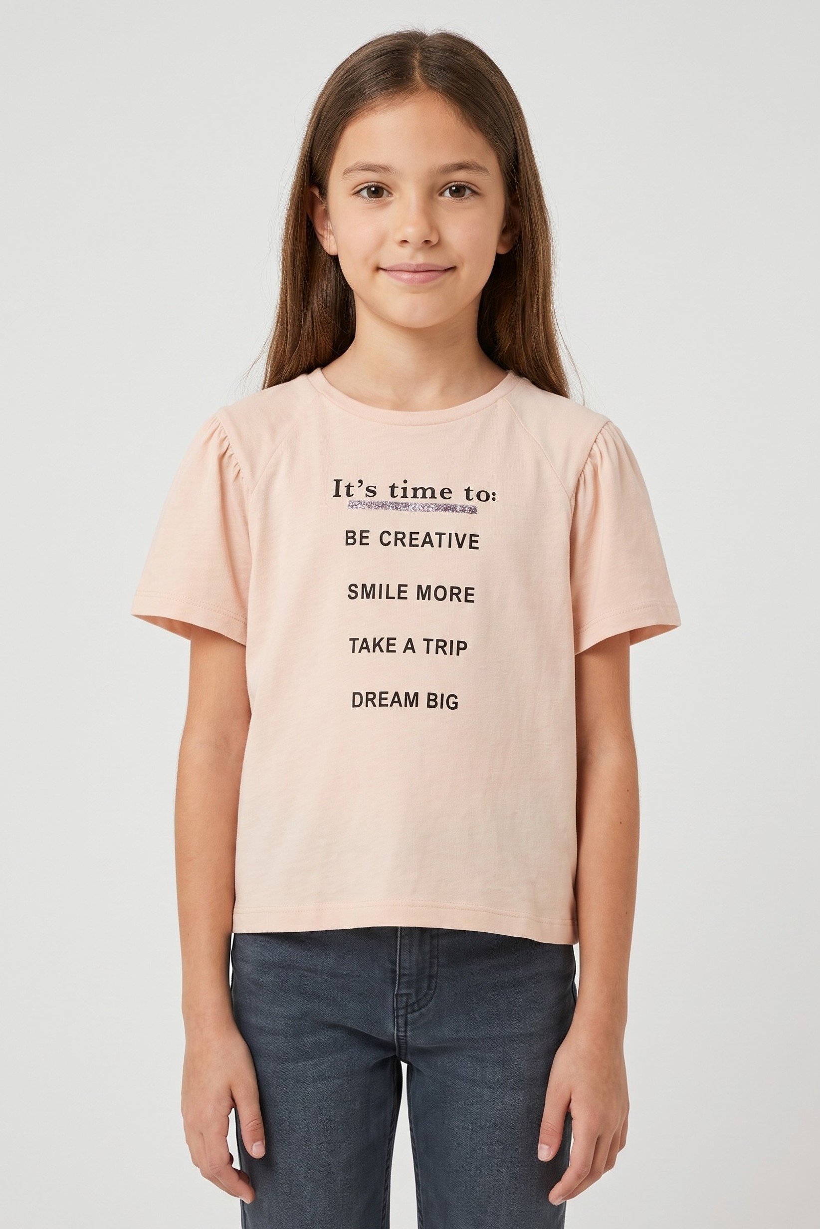 Kids Girl Short Sleeve Graphic Print T-Shirt, Light Peach