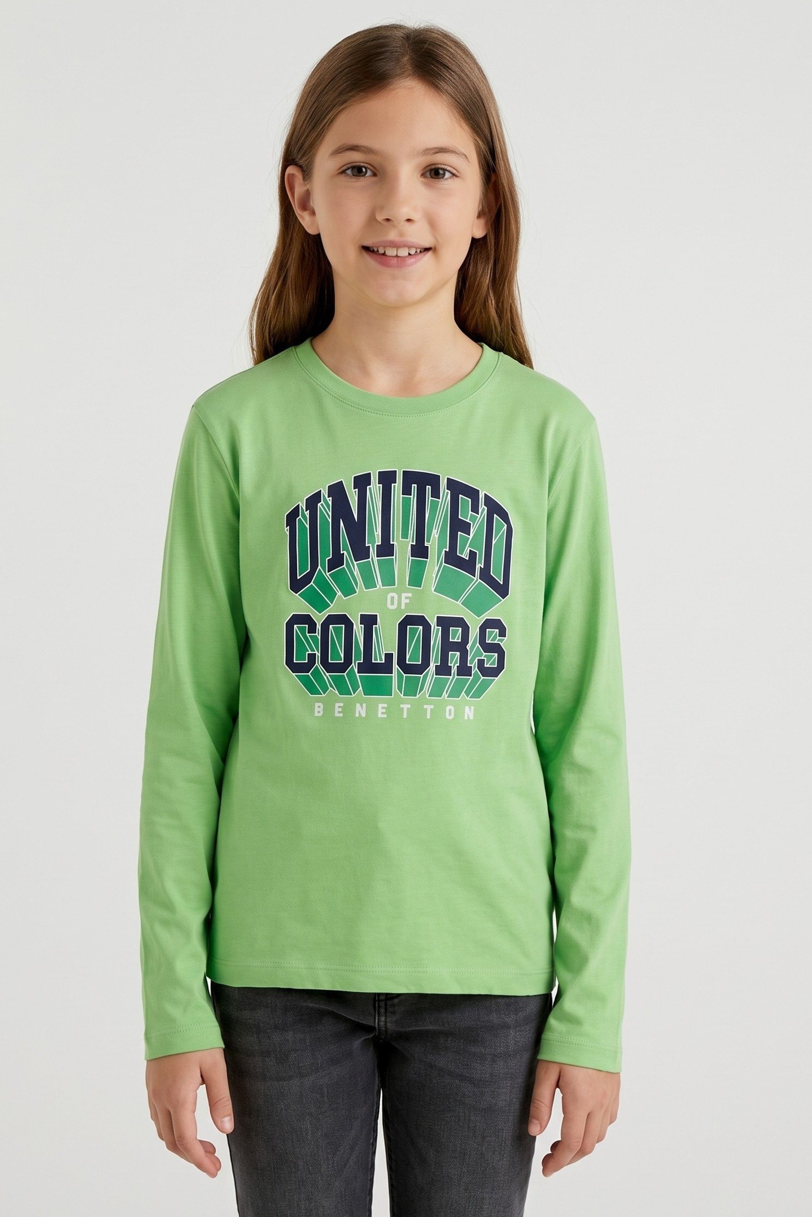 Kids Girl Crew Neck Long Sleeve Graphic Print Top, Lime Green
