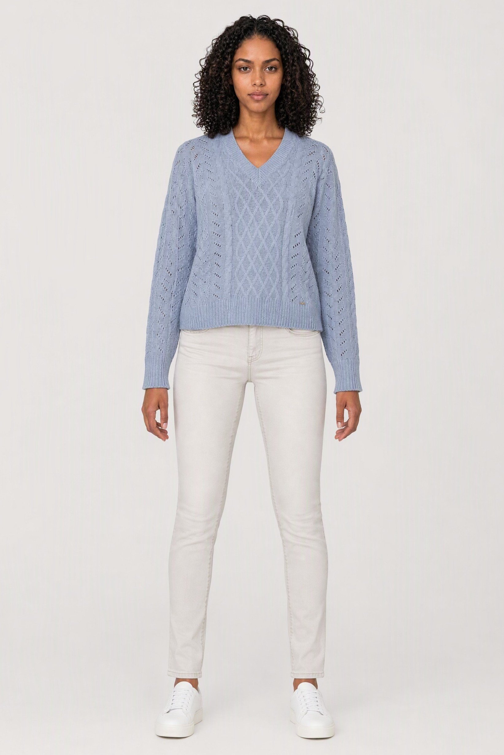 Women V-Neck Textured Long Sleeve Sweater, Light Blue