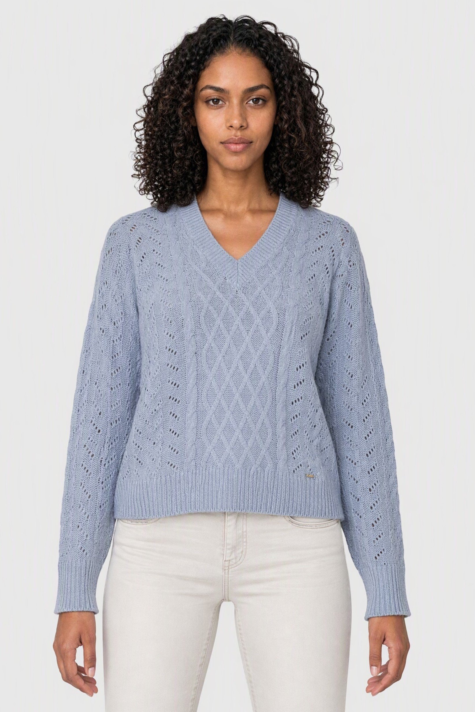 Women V-Neck Textured Long Sleeve Sweater, Light Blue