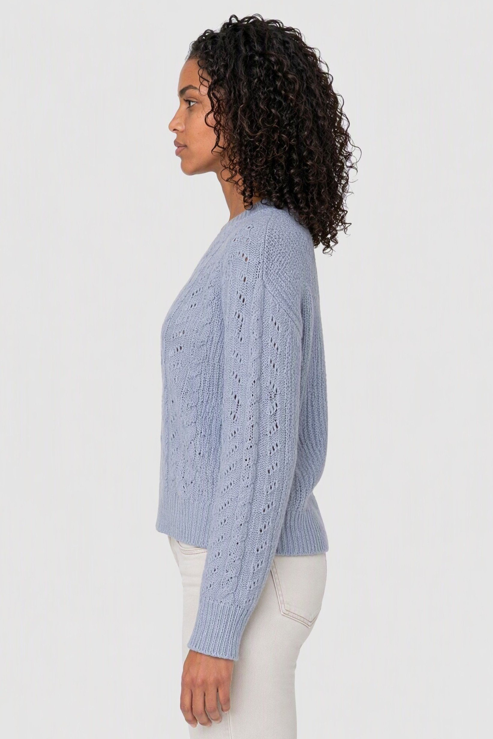 Women V-Neck Textured Long Sleeve Sweater, Light Blue