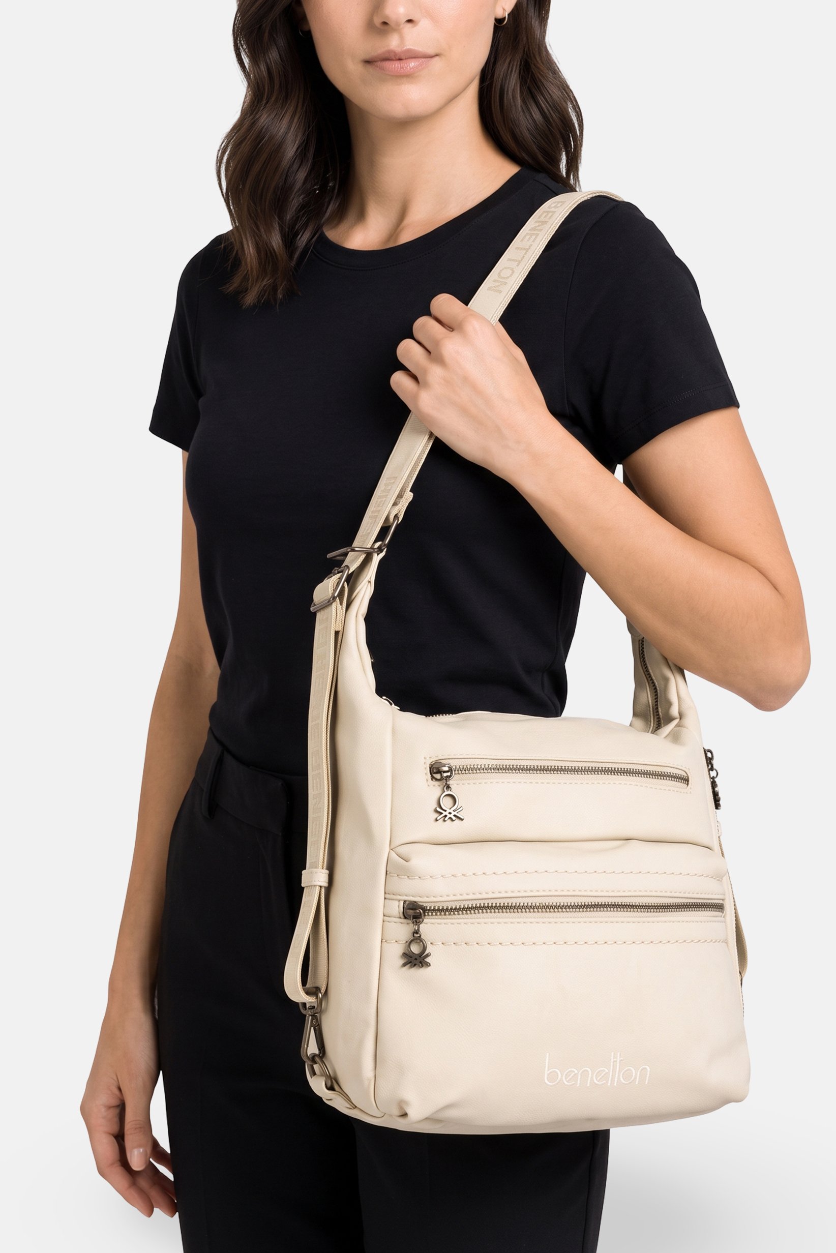 Women Brand Logo Shoulder Bag, Light Grey