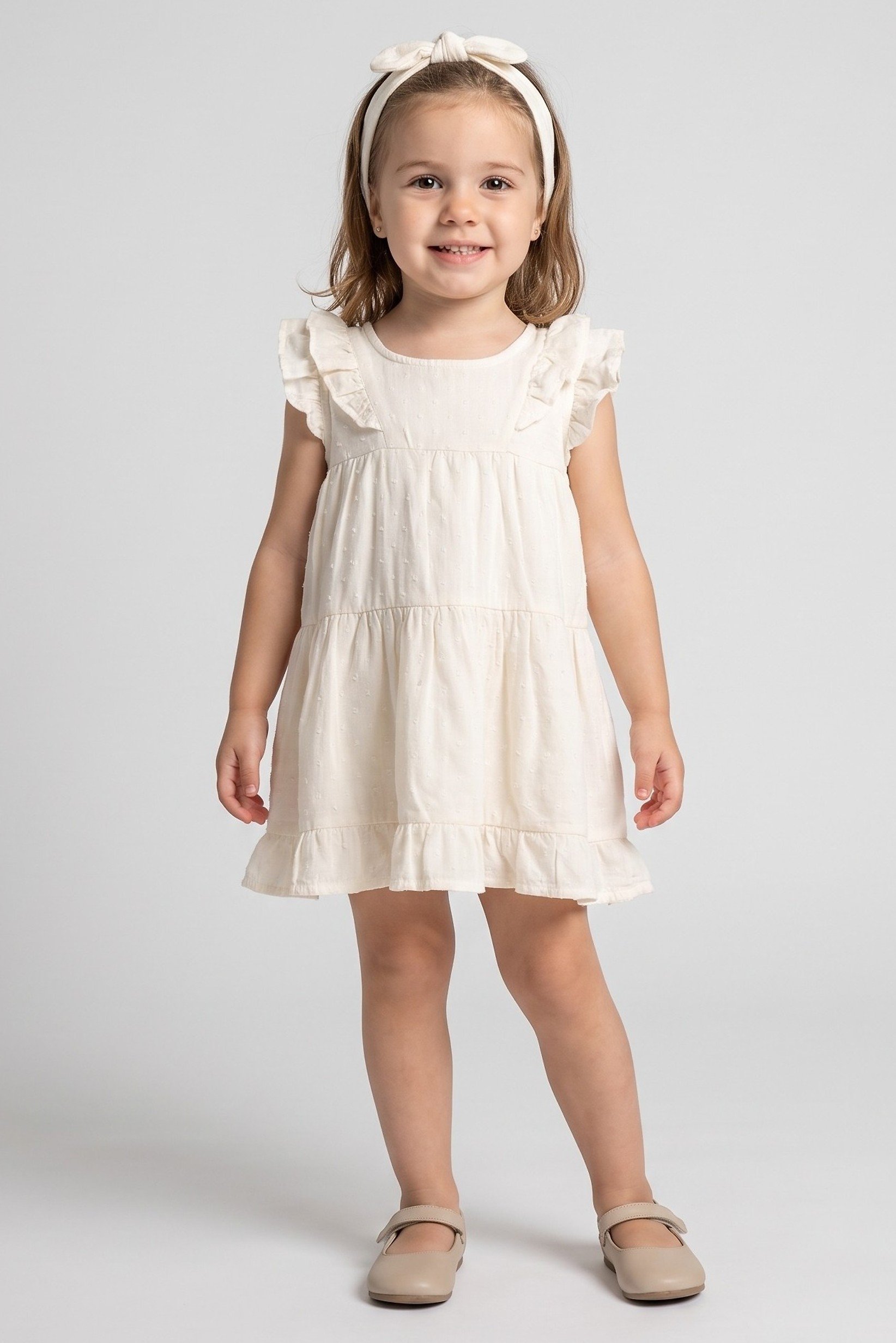 Toddlers Girl 2 Pcs Textured Dress With Headband, Cream