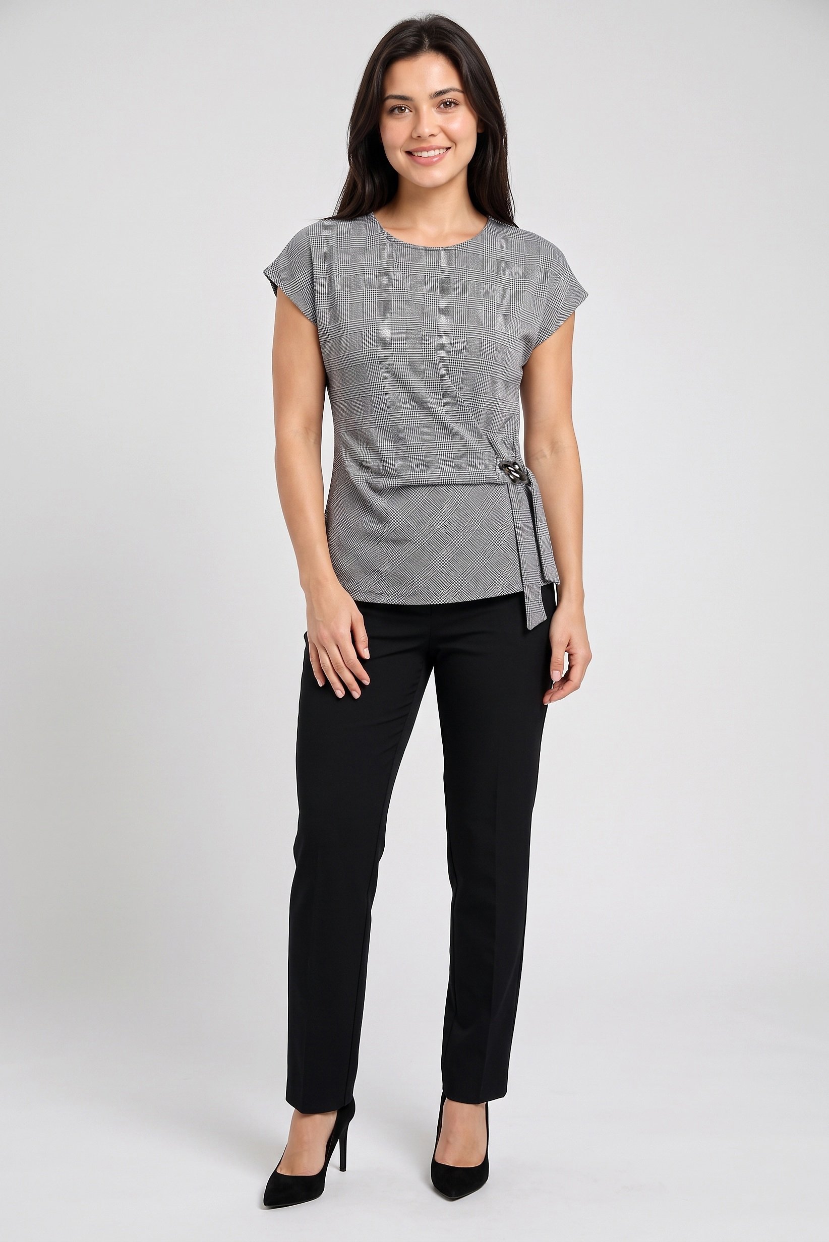 Women Round Neck Plaid Short Sleeve Top, Grey