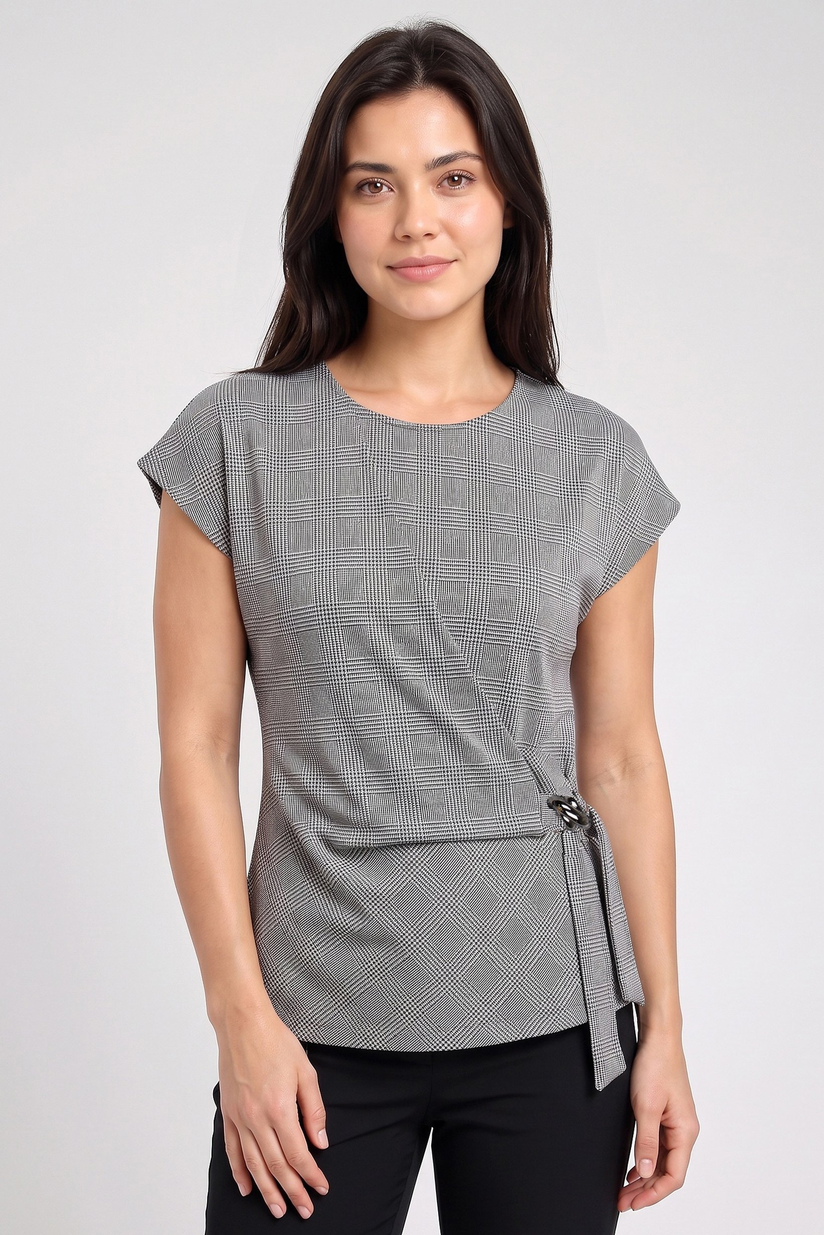 Women Round Neck Plaid Short Sleeve Top, Grey