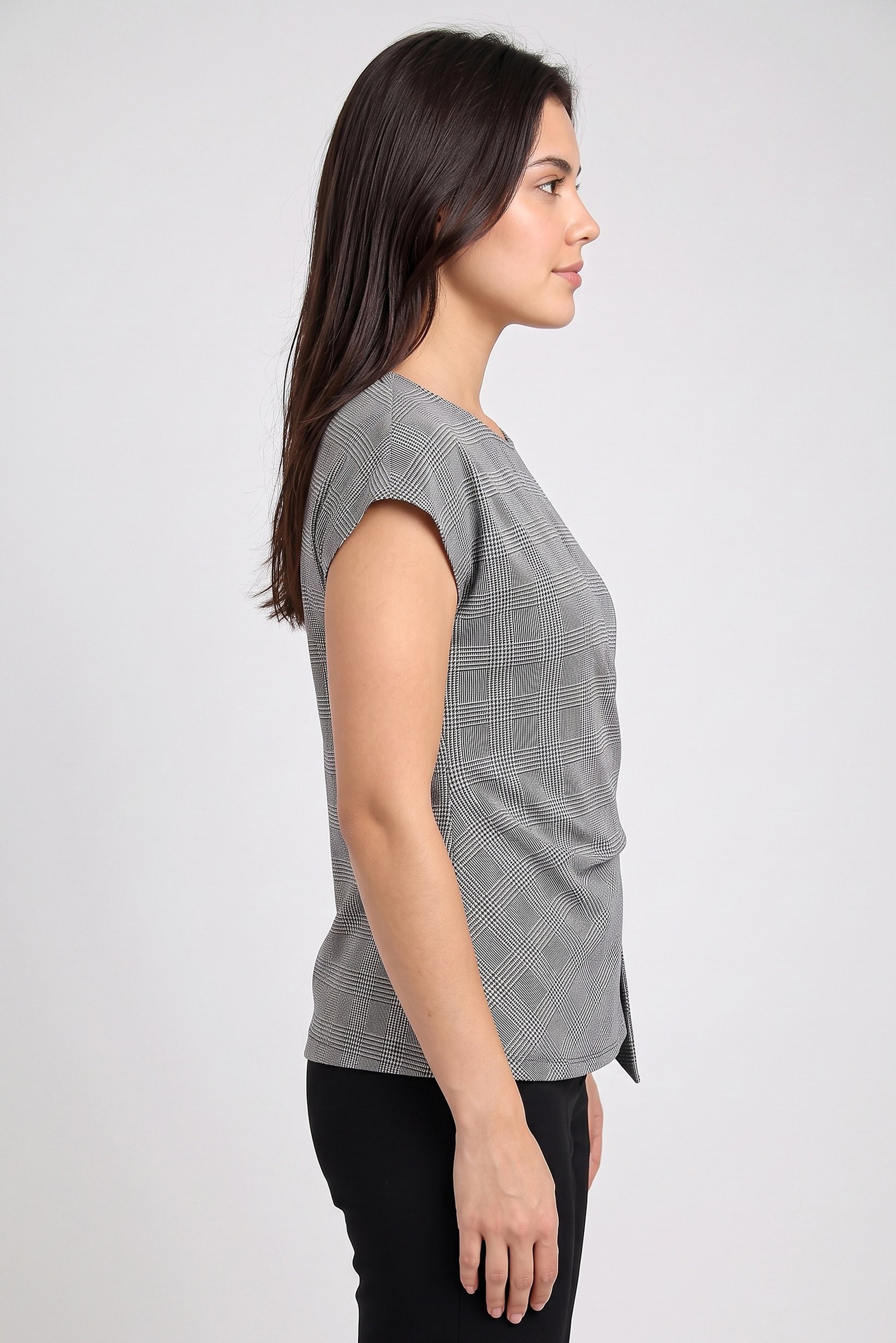 Women Round Neck Plaid Short Sleeve Top, Grey
