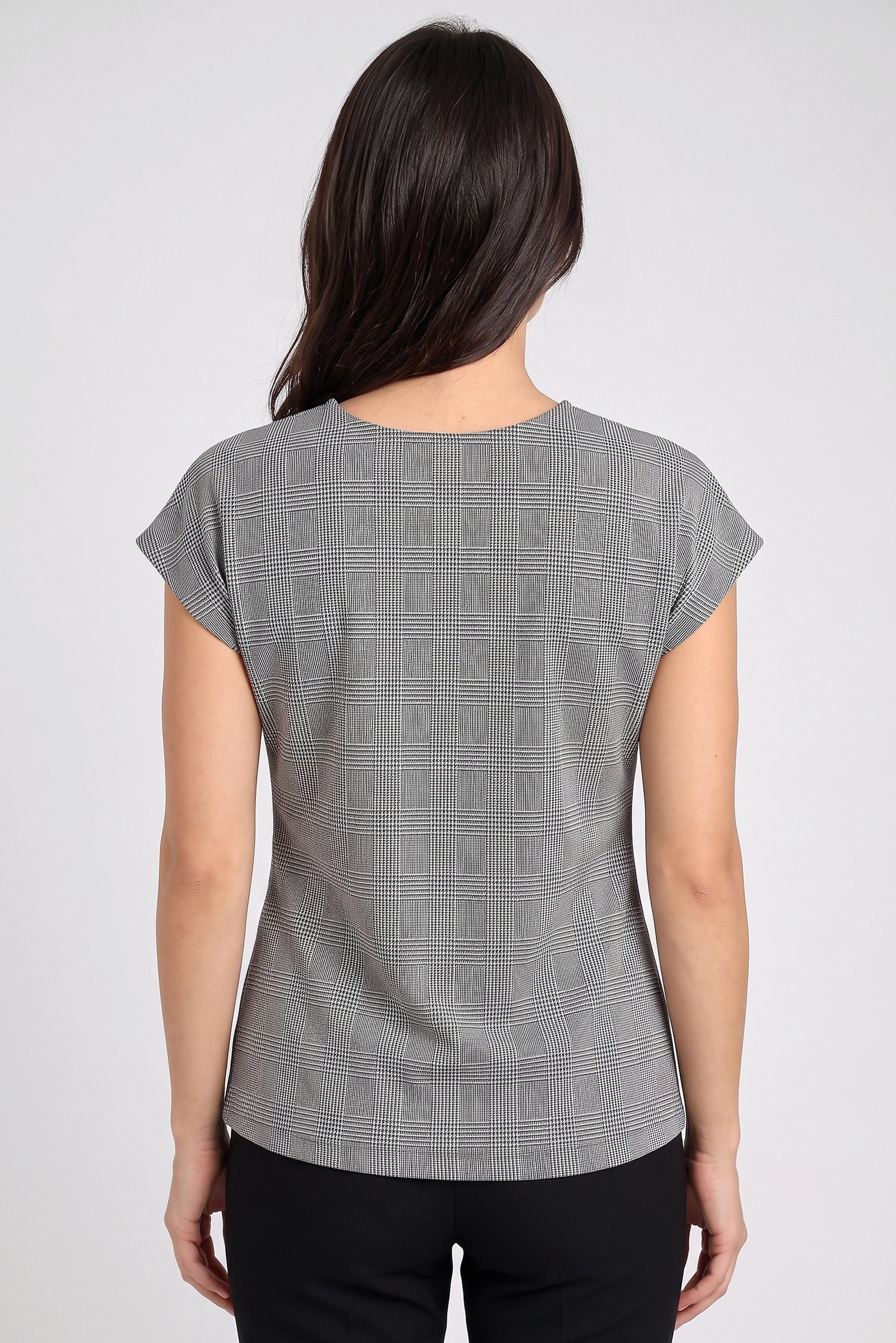 Women Round Neck Plaid Short Sleeve Top, Grey