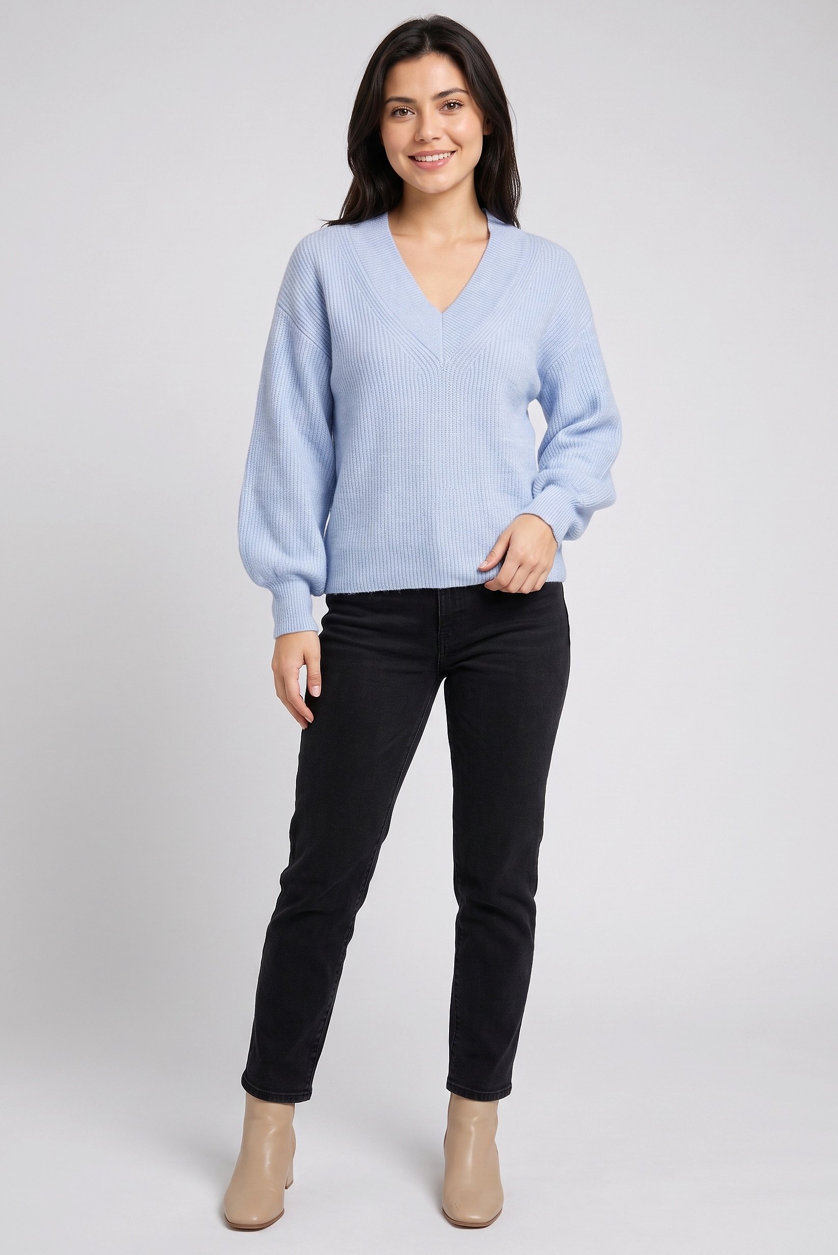 Women V-Neck Knitted Sweater, Blue