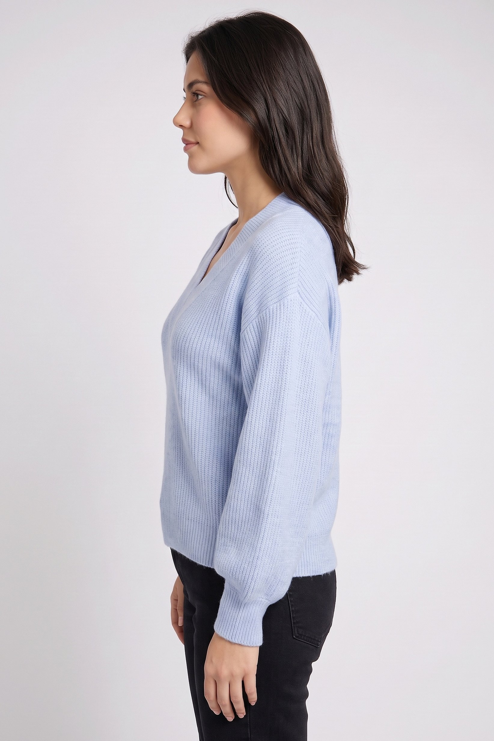Women V-Neck Knitted Sweater, Blue