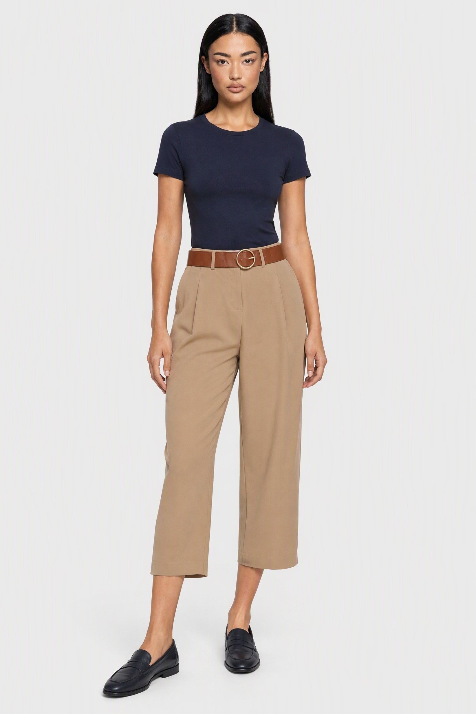 Women Regular Fit Solid Belted Capri Pants, Khaki