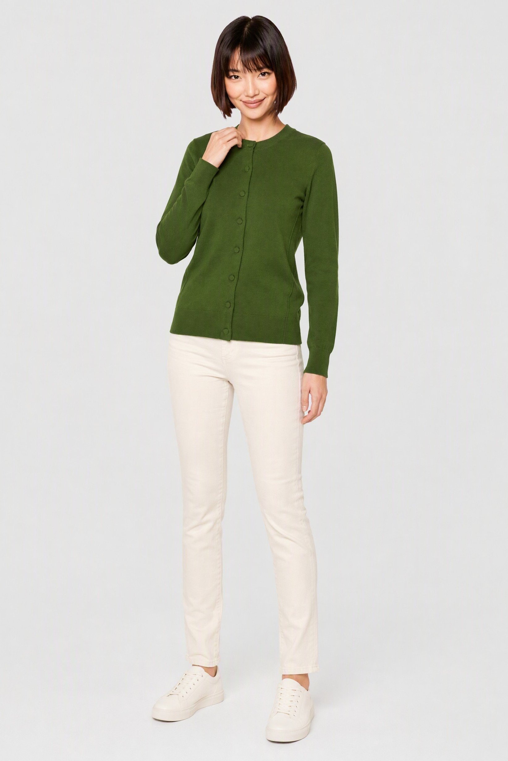 Women Crew Neck Knitted Cardigan, Green