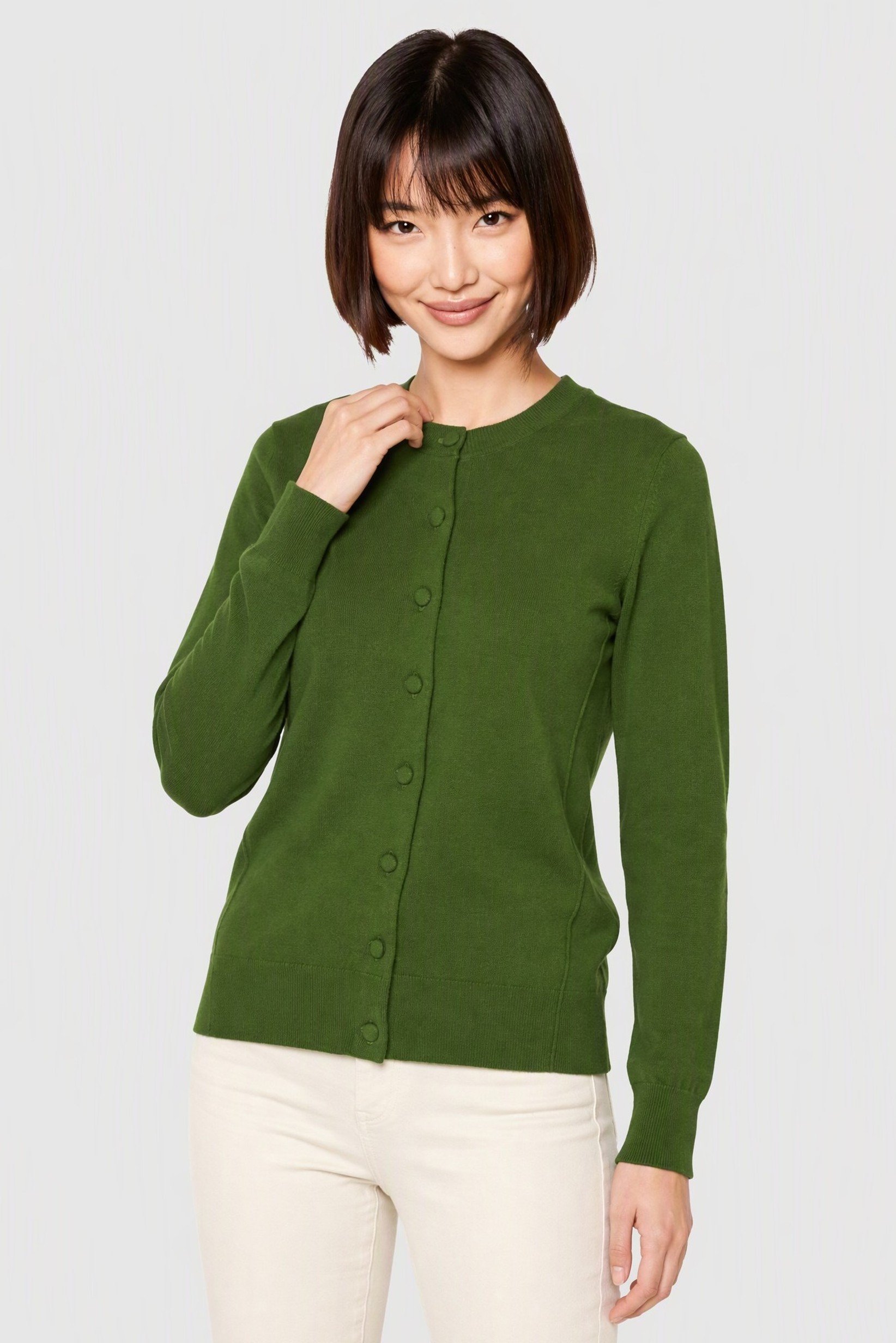 Women Crew Neck Knitted Cardigan, Green