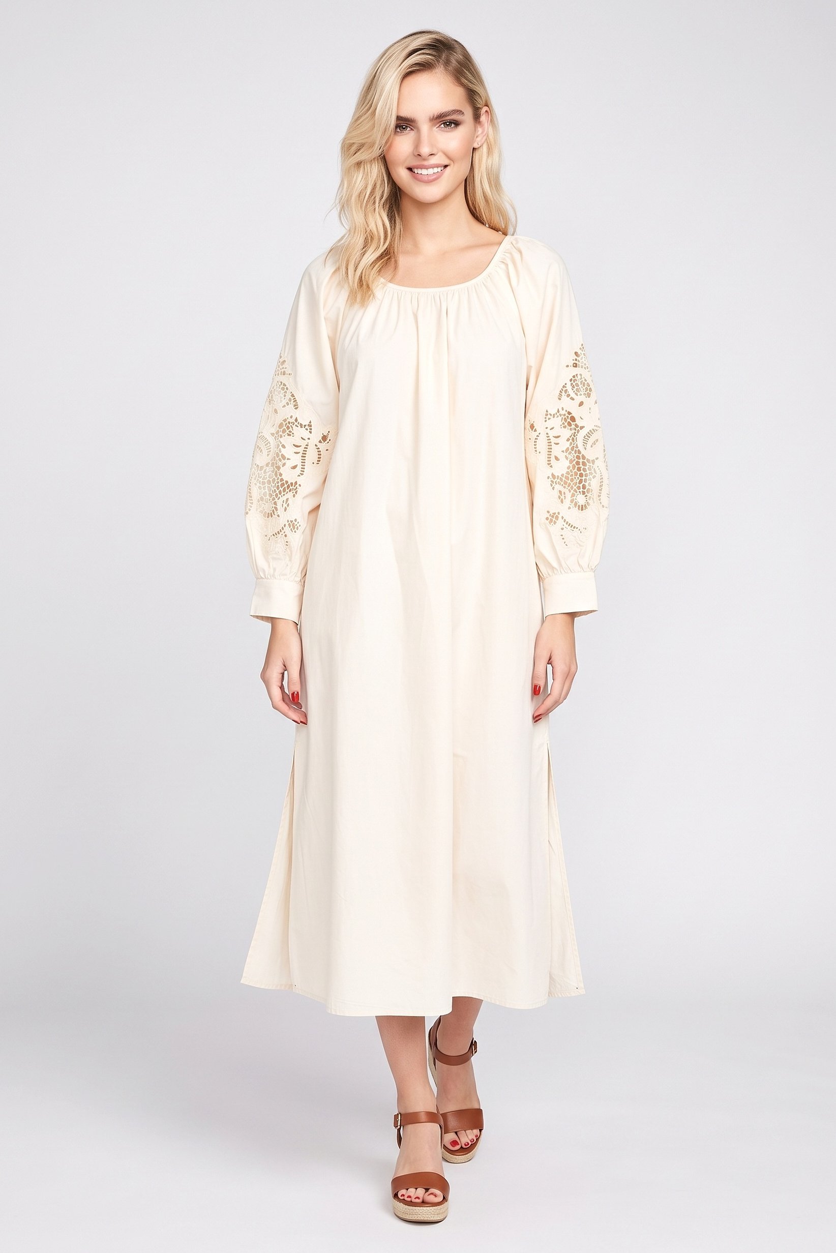 Women Eyelet Maxi Dress, Cream