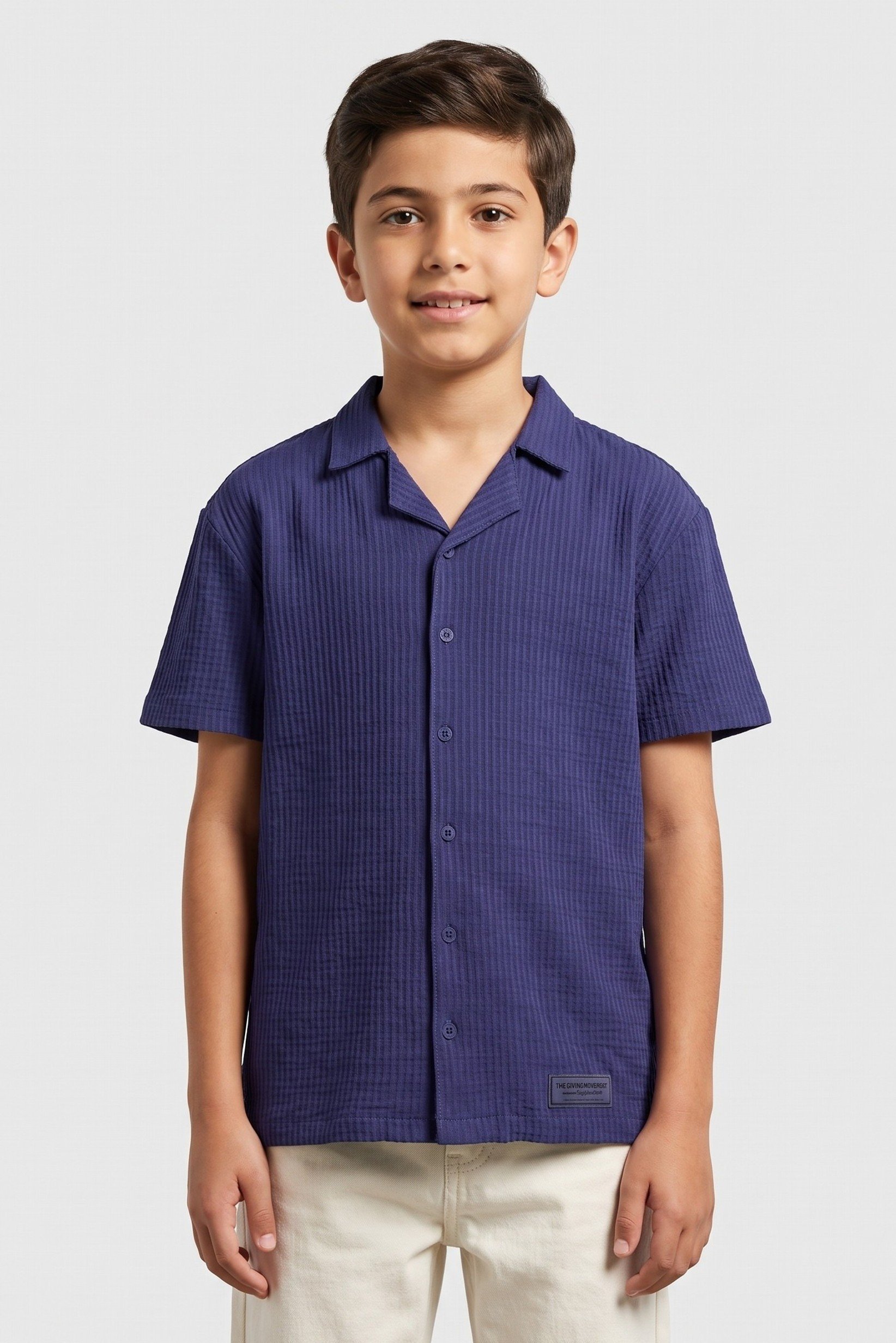 Kids Boy Brand Logo Short Sleeve Shirt, Navy Blue