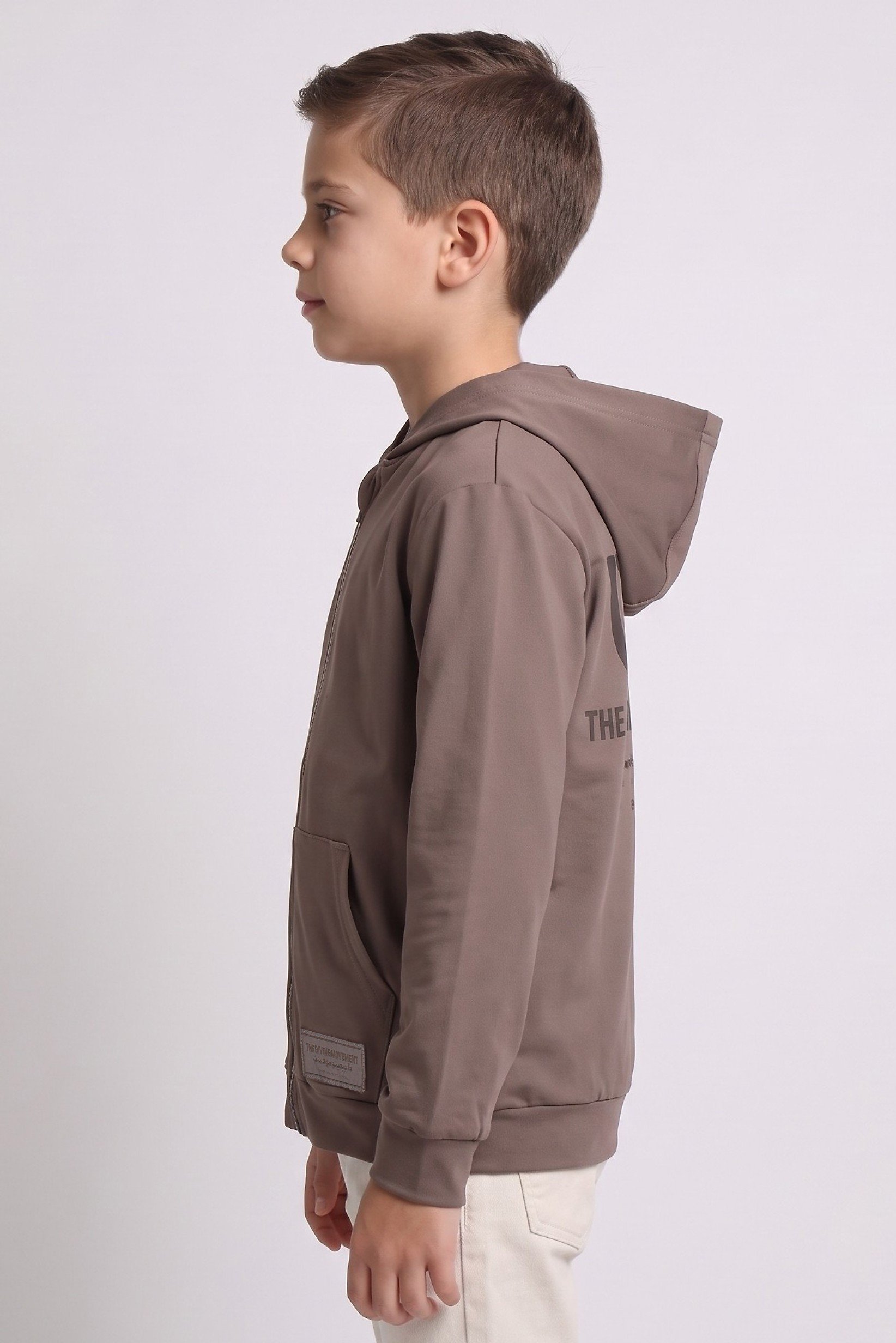 Kids Boy Brand Logo Full Zip Hoodie, Taupe