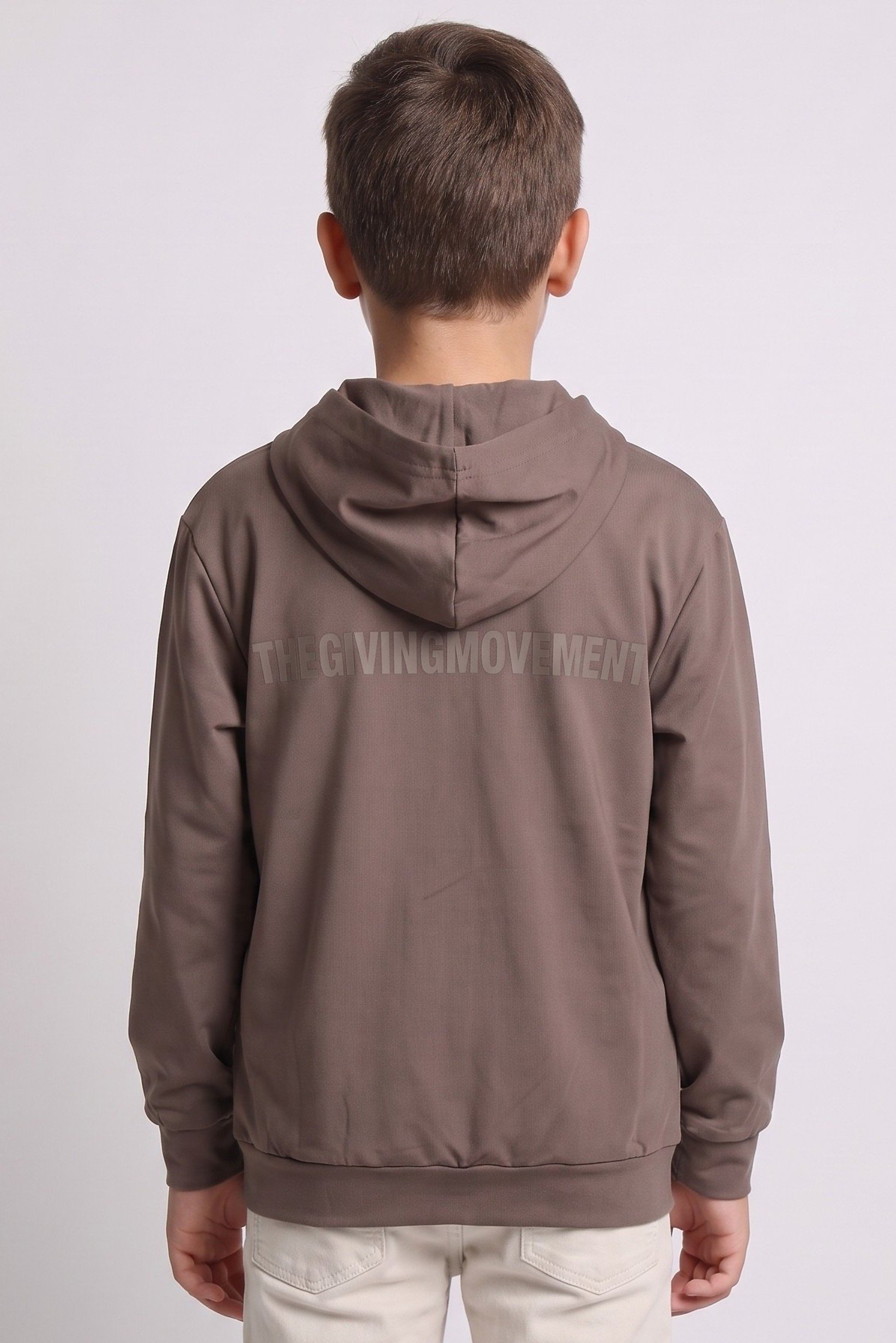 Kids Boy Brand Logo Full Zip Hoodie, Taupe