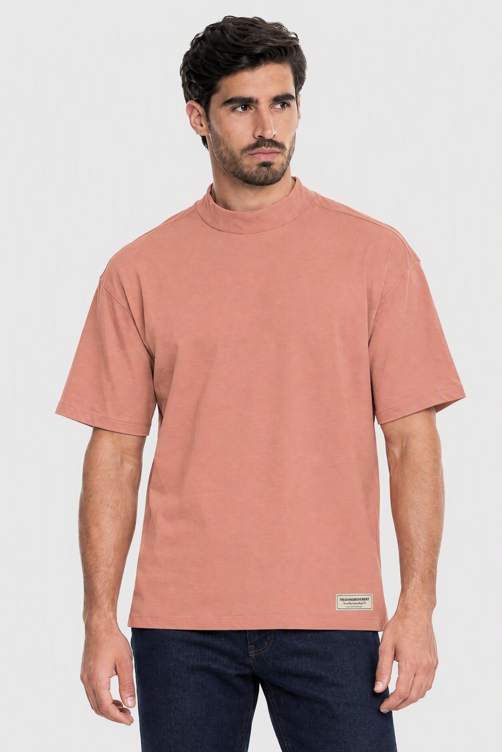 Men Oversized Fit Mock Neck Short Sleeve Brand Logo T-shirt, Peach