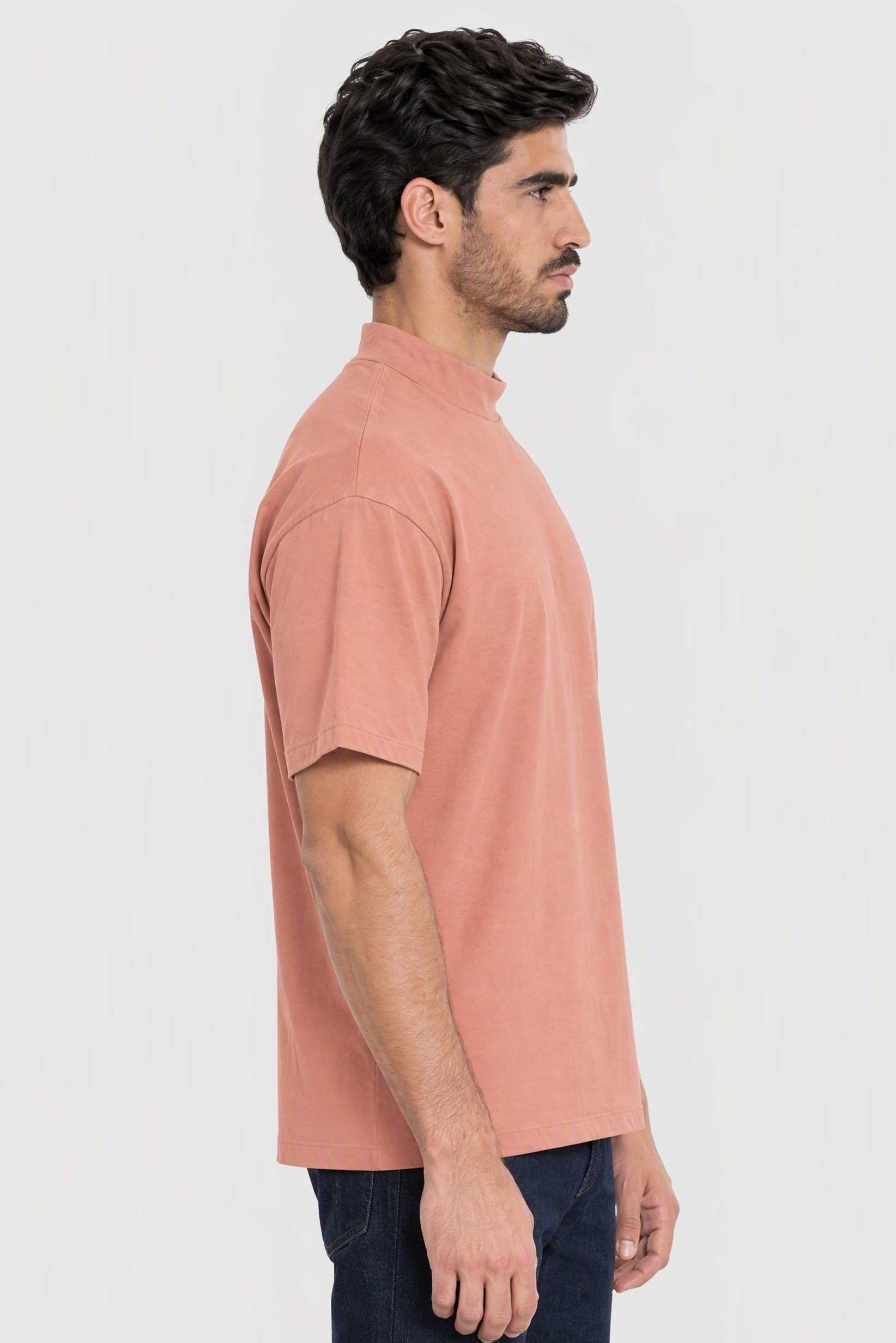 Men Oversized Fit Mock Neck Short Sleeve Brand Logo T-shirt, Peach