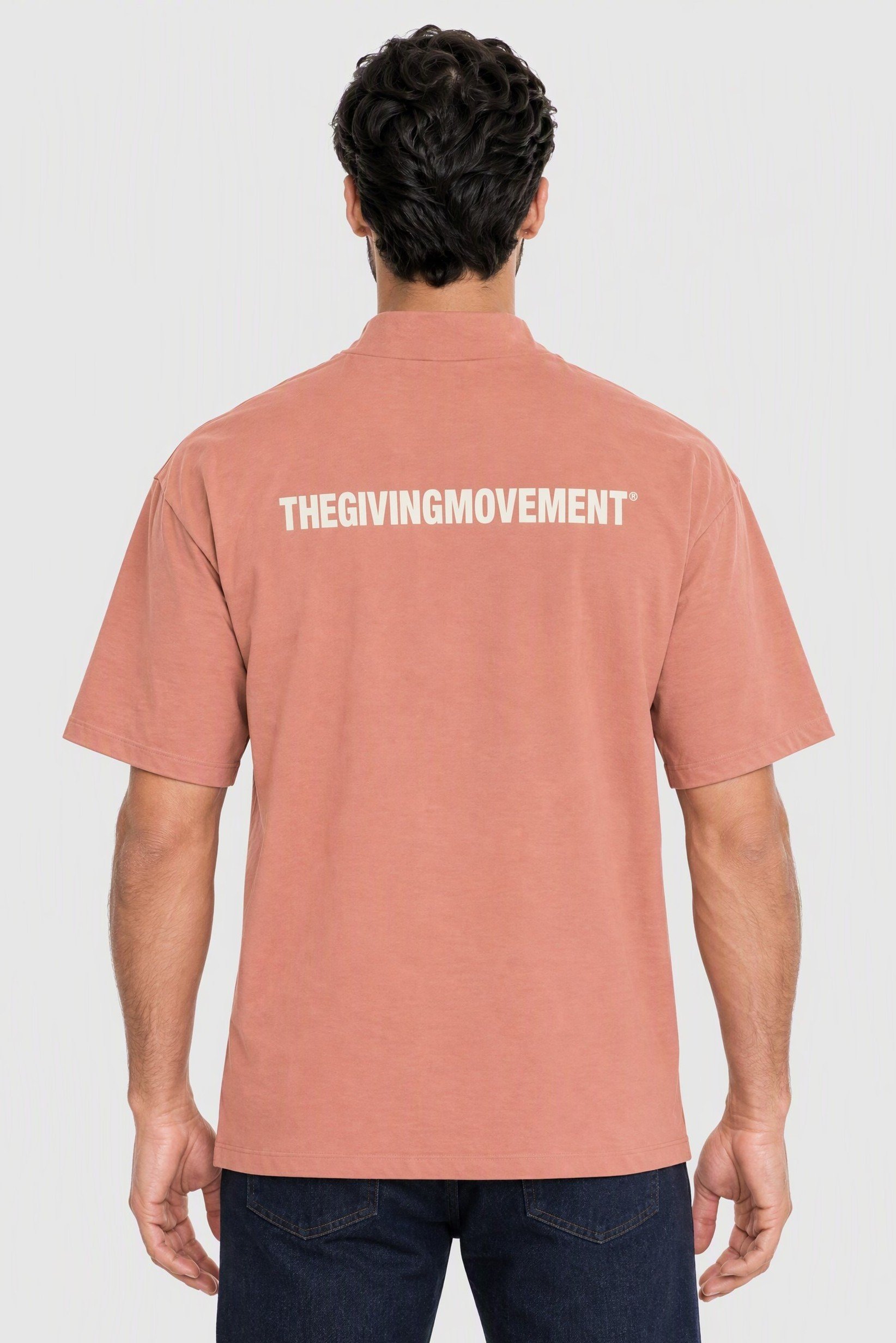 Men Oversized Fit Mock Neck Short Sleeve Brand Logo T-shirt, Peach