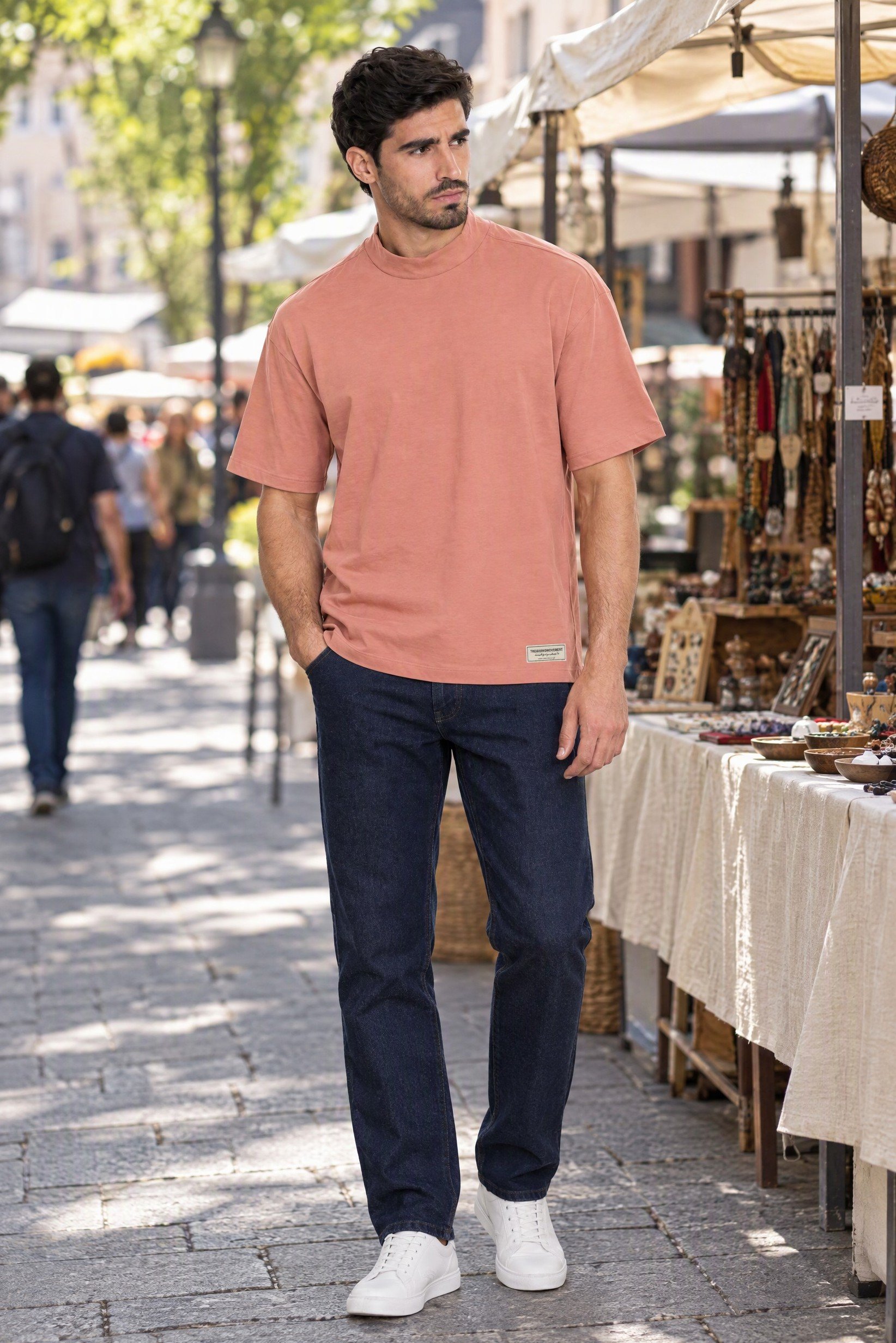 Men Oversized Fit Mock Neck Short Sleeve Brand Logo T-shirt, Peach