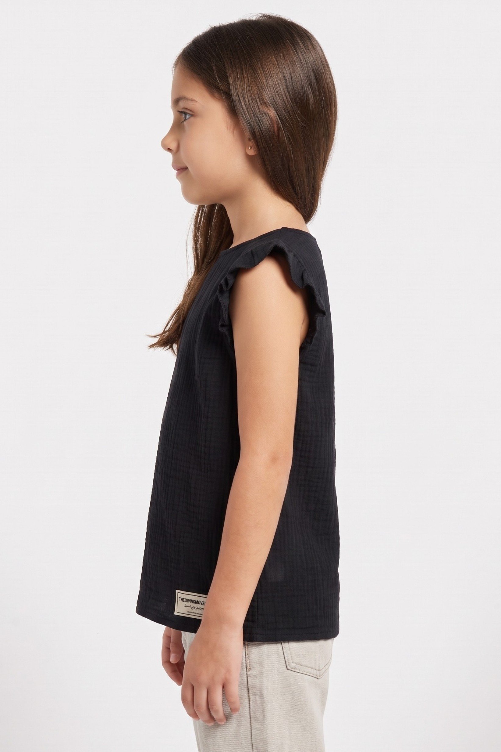 Kids Girl Textured Ruffle Sleeve Top, Black