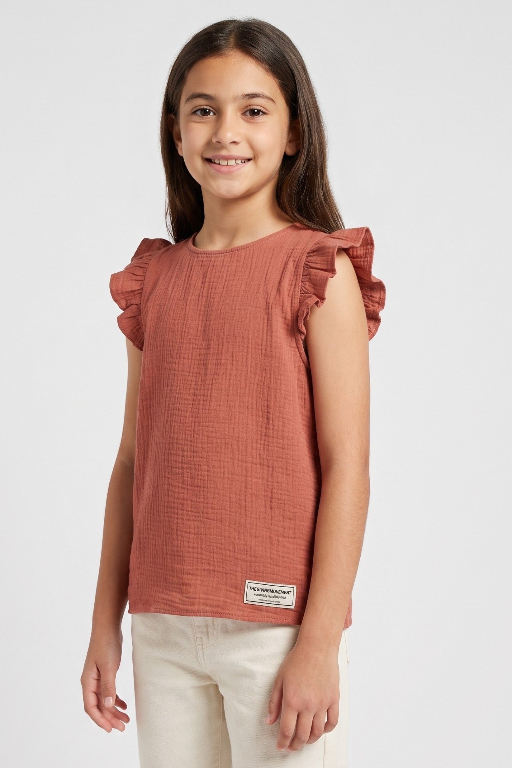 Kids Girl Textured Ruffle Sleeve Top, Rust Brown