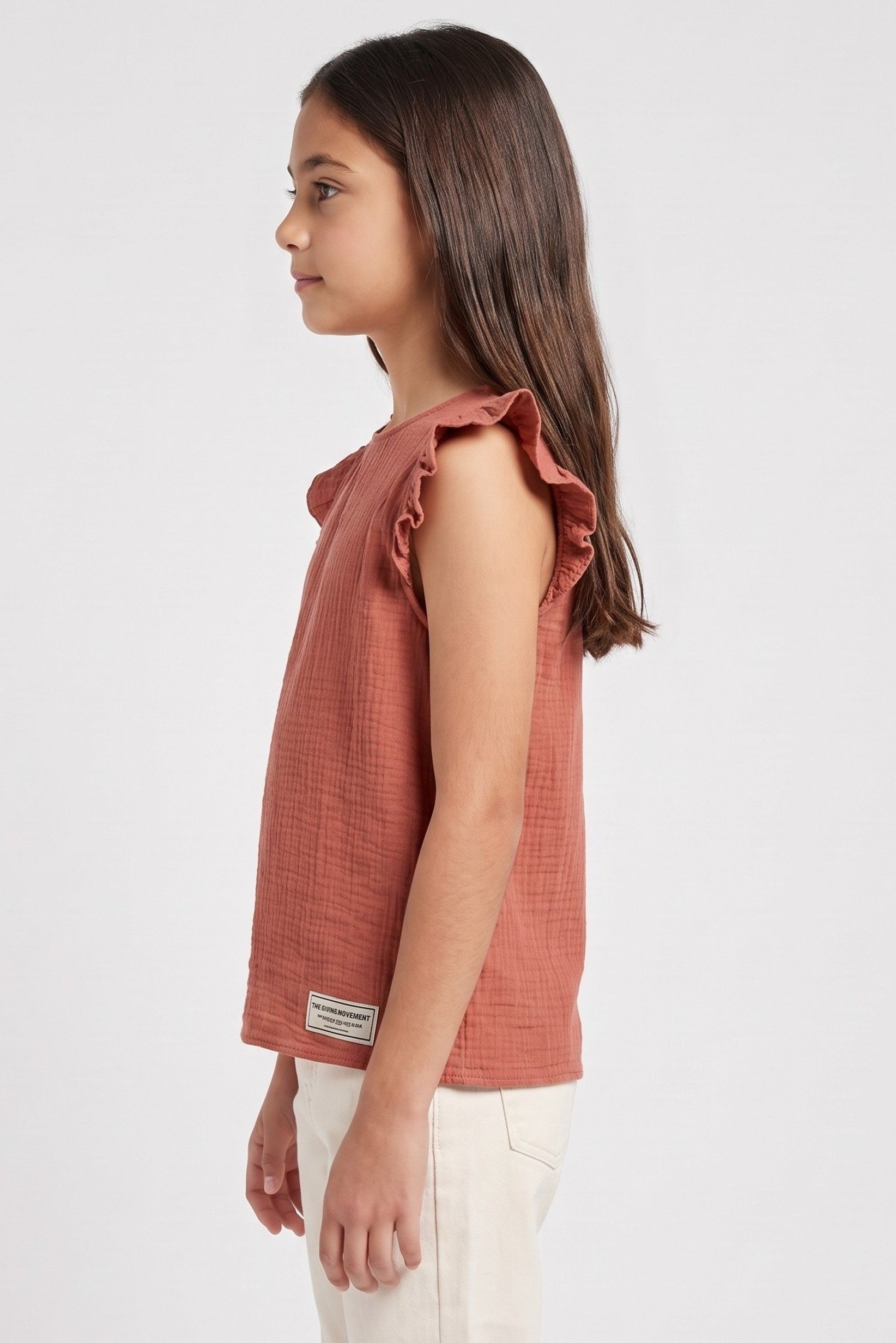 Kids Girl Textured Ruffle Sleeve Top, Rust Brown