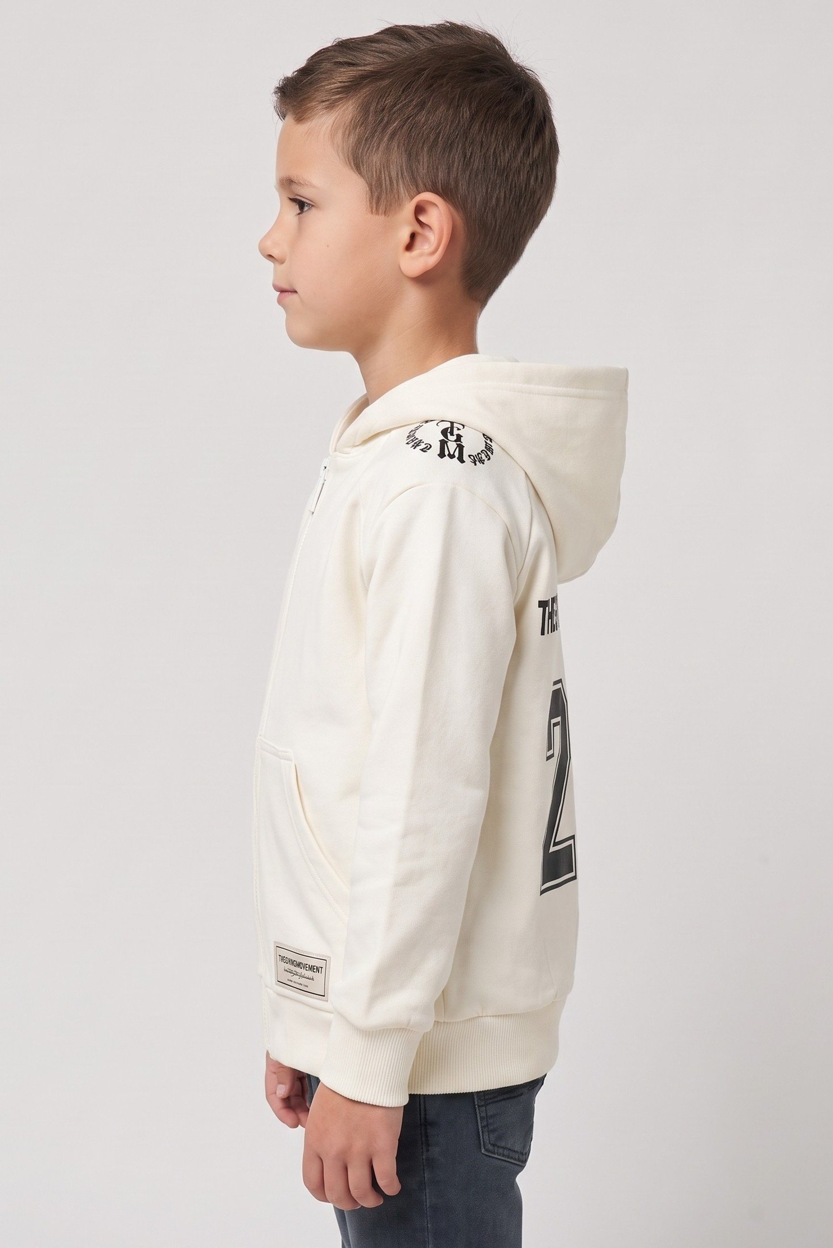 Kids Boy Brand Logo Full Zip Hoodie, Ivory