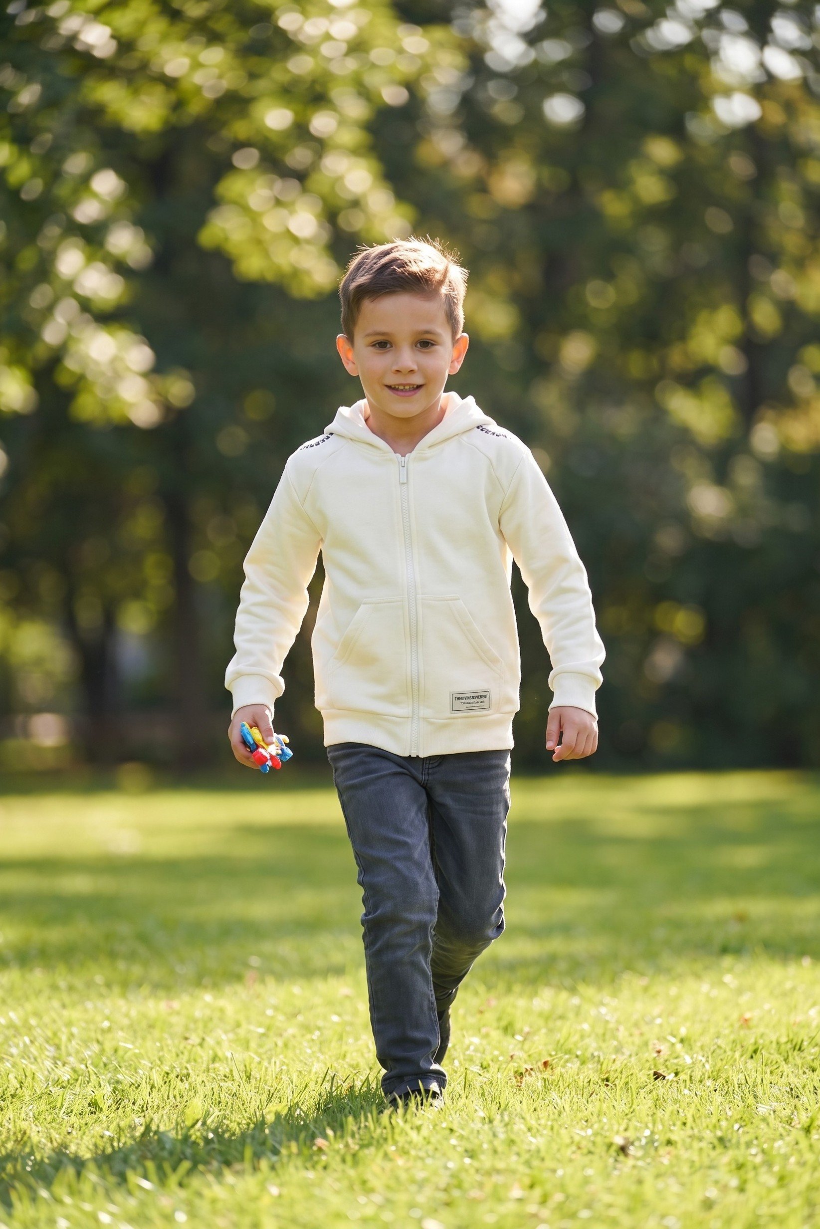 Kids Boy Brand Logo Full Zip Hoodie, Ivory