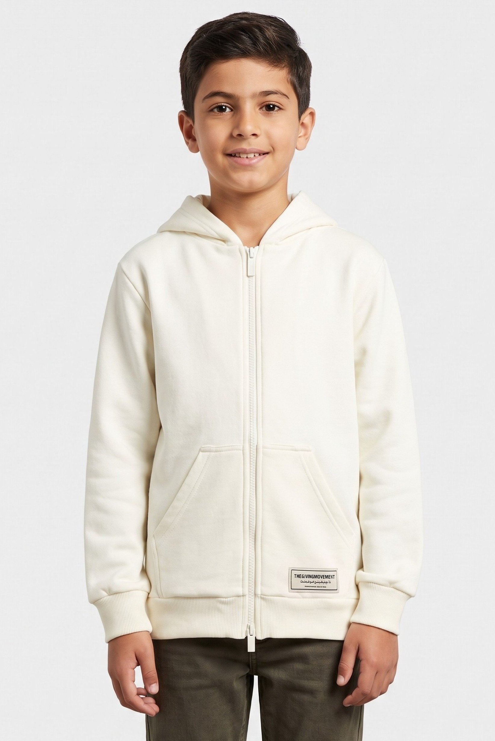Kids Boy Brand Logo Long Sleeve Full Zip Hoodie, Ivory