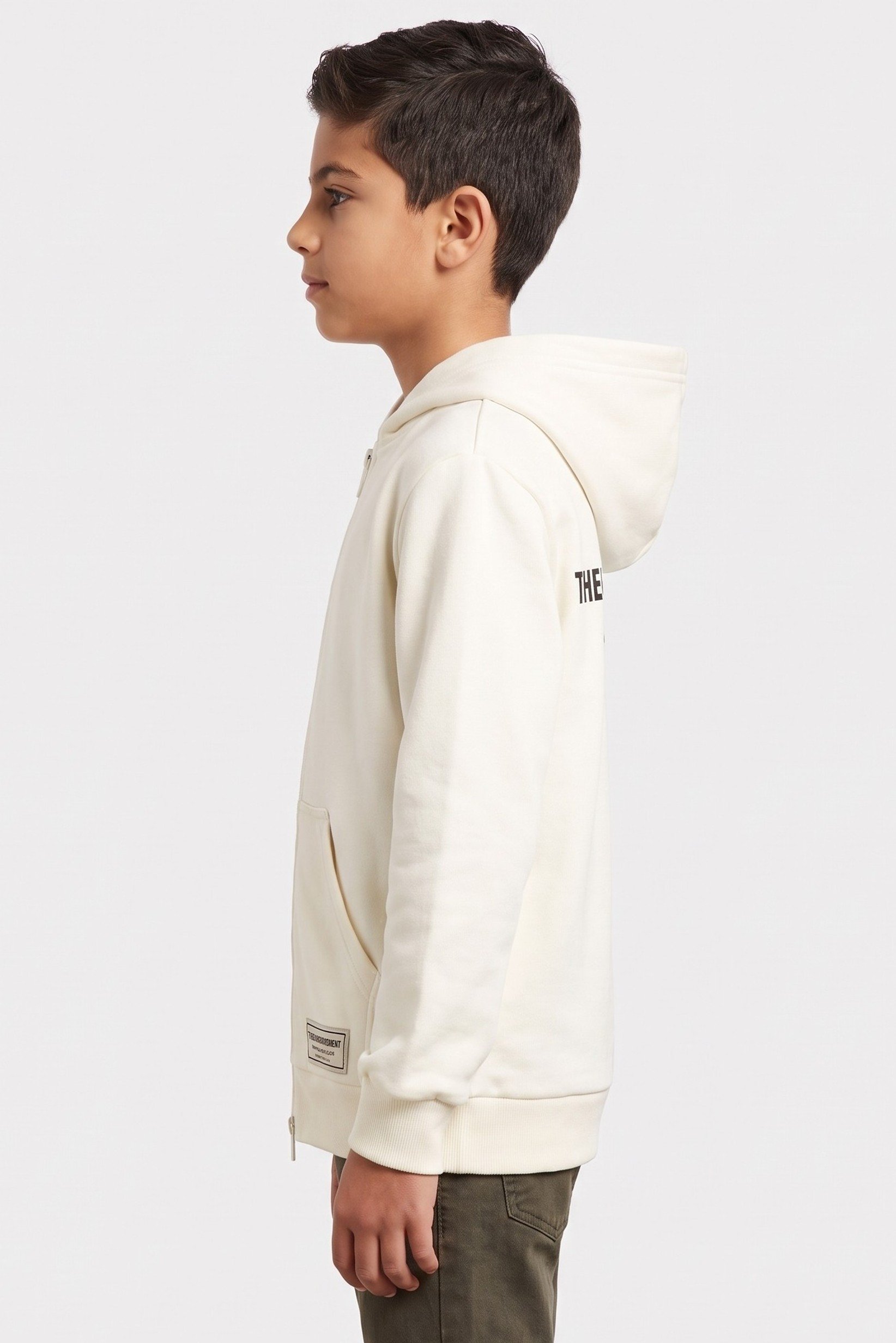 Kids Boy Brand Logo Long Sleeve Full Zip Hoodie, Ivory