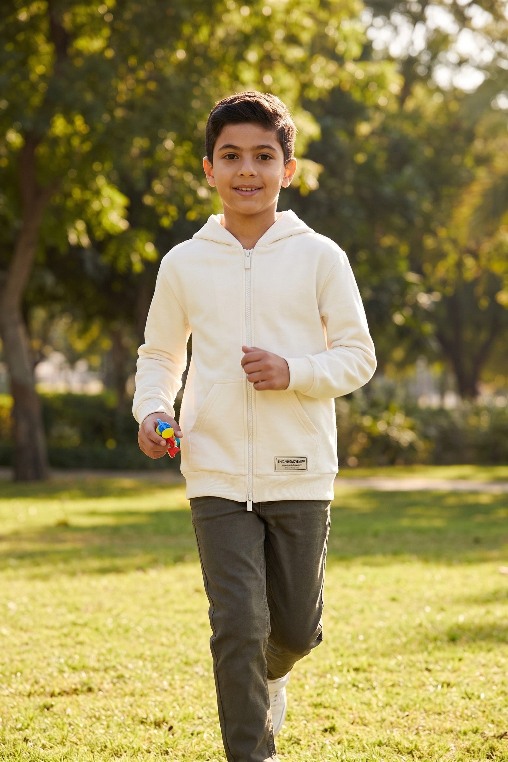 Kids Boy Brand Logo Long Sleeve Full Zip Hoodie, Ivory