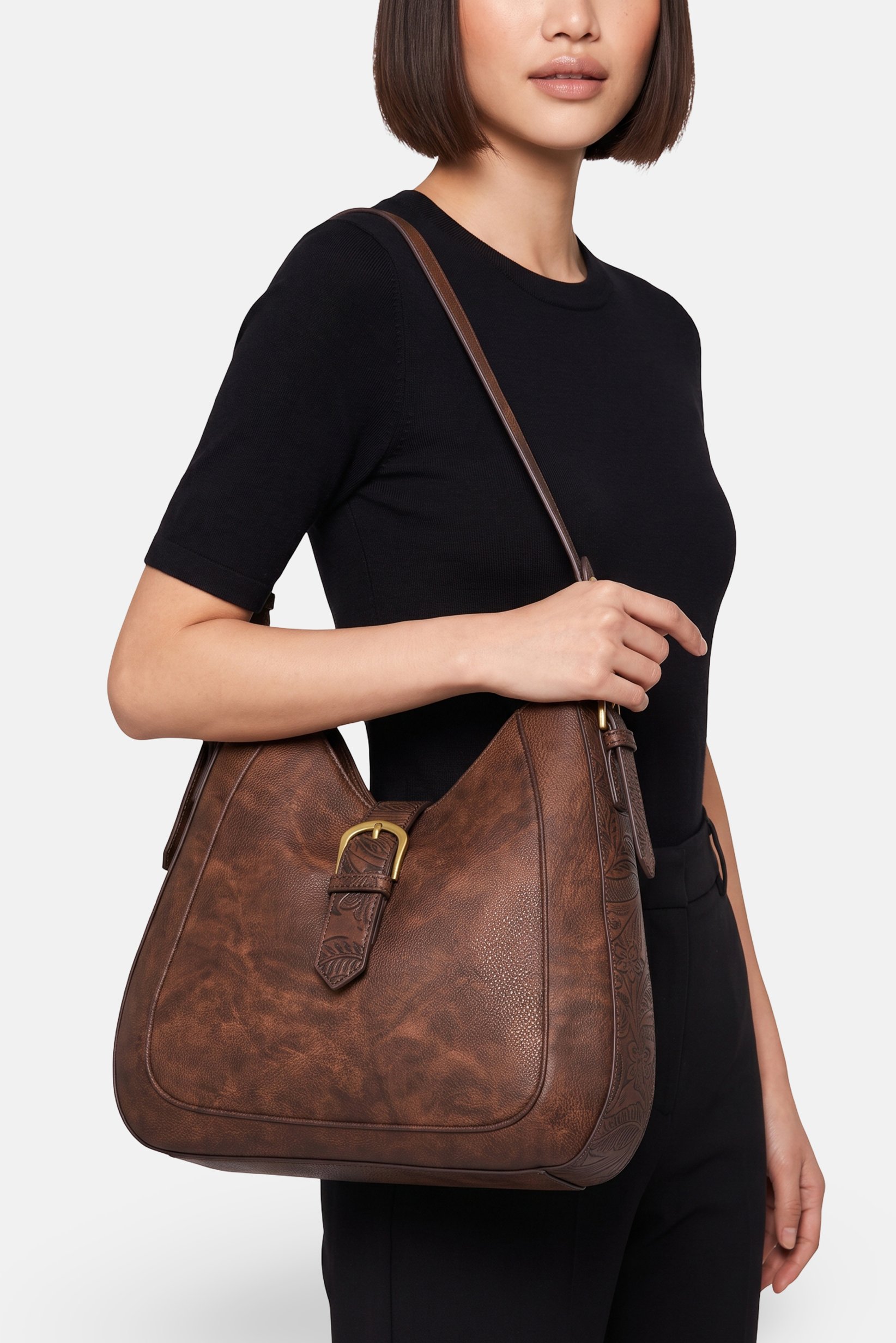 Women Brand Logo Shoulder Bag, Brown
