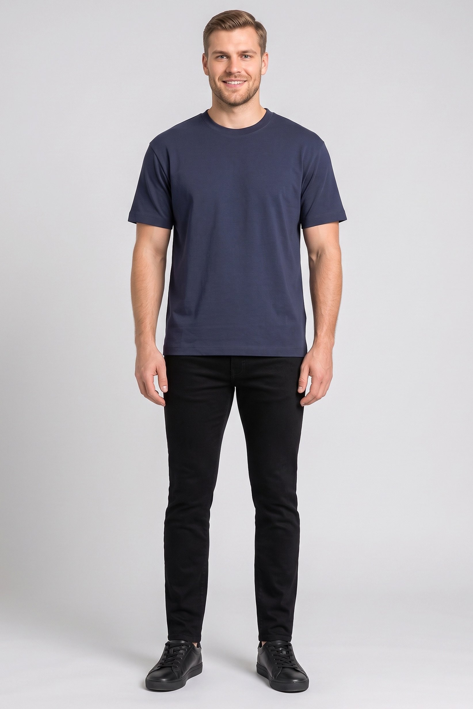 Men Crew Neck Short Sleeve Plain T-shirt, Navy Blue