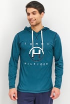 Men Hood With Drawstring Long Sleeve Brand Logo Sleepwear, Lagoon