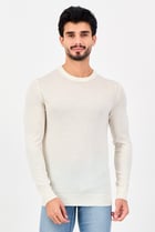 Men Crew Neck Textured Sweater, Off White