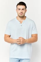 Men Band Collar Short Sleeve Solid T Shirt, Light Blue