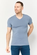 Men V Neck Short Sleeve Solid T Shirt, Stone Blue